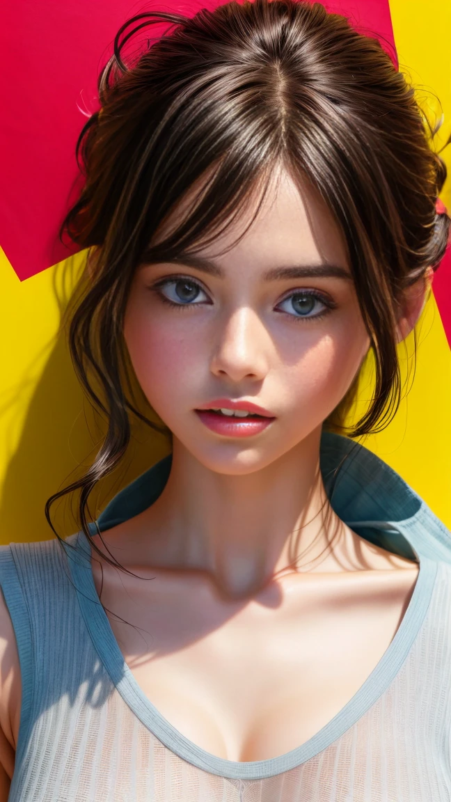 (Margaret Qualley)), (highest quality, High resolution, masterpiece :1.3), Beautiful woman, slender body shape, dark brown hair, sleeveless T-shirt, Highly detailed face and skin texture, big beautiful eyes, double eyelid, liberty statue, Wishing for something, masterpiece, best quality, photorealistic, Citizen of Guinea-Bissau, very cute super model, perfect anatomy, skinny, cleavage, transparent yellow top
