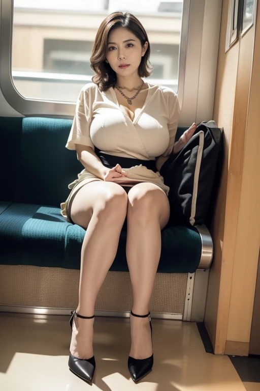 (sit in a train seat:1.5), (Shooting from the sky:1.5), (Photo taken from the opposite chair:1.5), (Sit with your knees facing forward:1.5), (Surprised expression:1.6), (Beautiful woman:1.5), (Sit with your knees together:1.5), (Wavy brown hair:1.3), (green seat), (Voluptuous body:1.5), (one big woman), (White blouse:1.4), (Black pencil skirt:1.4), (High heels:1.7), (Panties that are only slightly visible:1.7), (View Photographer), ((Perfect hands and fingers)), (Looking into the camera:1.6), (A seductive gaze:1.5), Big eyes, elegant temperament, Highest quality, Down to the last detail, Perfect Face, 赤いlipstick, Perfect body, Large Model, Mature Woman, expensive, Leg length, Long eyelashes, 深色eye shadow, Her face is heavily made up, cosmetics, (lipstick: 1.1), (eyeliner: 1.2), mascara, eye shadow, necklace,