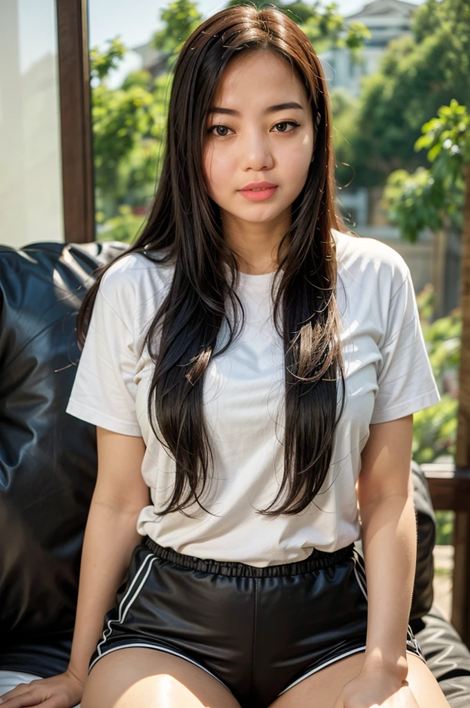 1girl, asian, black eyes, black hair, breasts, buruma, gym uniform, large breasts, lips, long hair, looking at viewer, nose, photo \(high\), photorealistic, realistic, shirt, short sleeves, sitting, solo, t-shirt, thighs, traditional media, white shirt