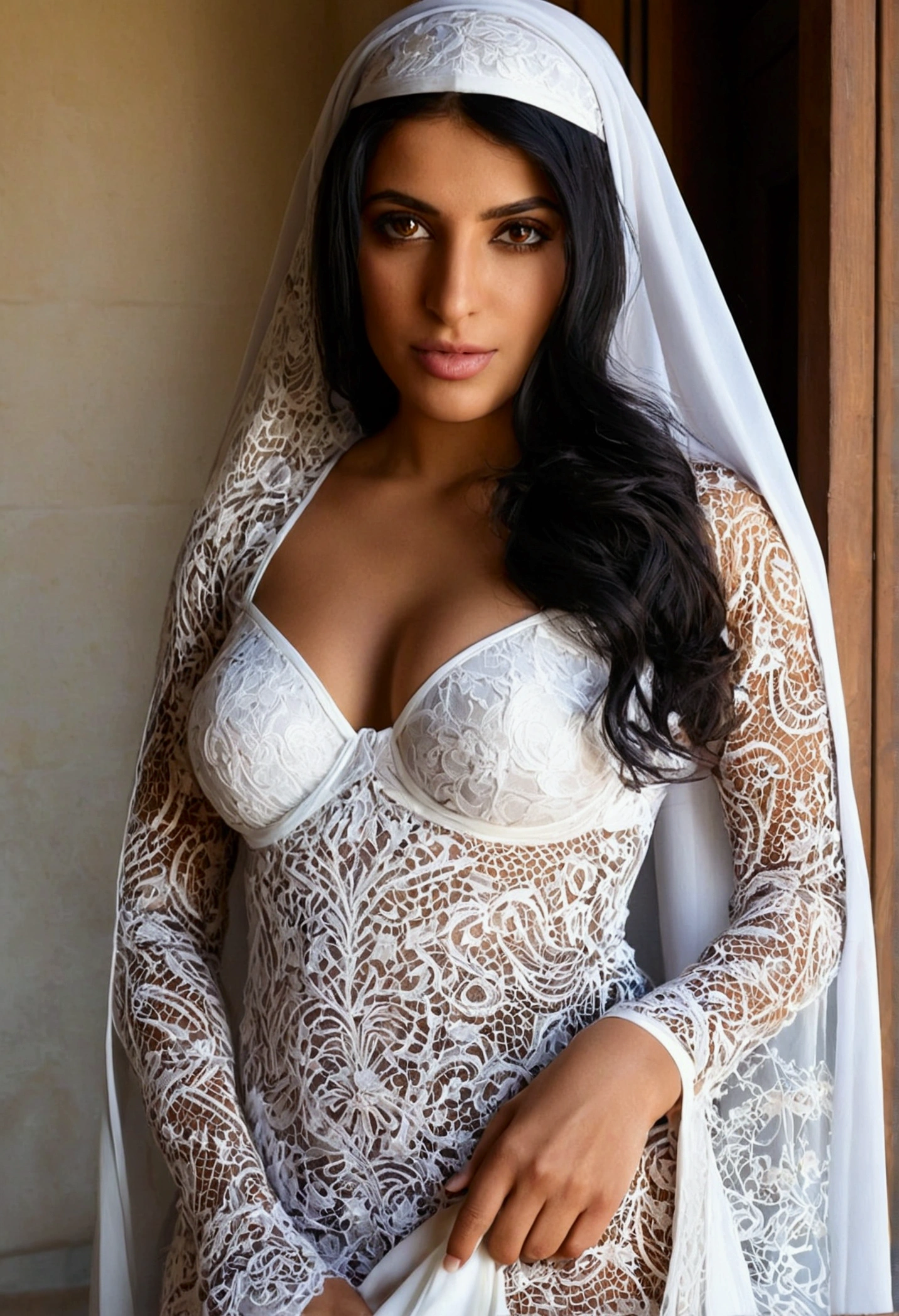 femme dans une robe dentelle blanche , ((ROBE TRANSPARENTE NOIR.1.2 (soutient gorge dentelle blanc)) belle femme arabe, seins couverts, Beauté arabe, with gros seins, Tout en courbes. Expression détaillée, clivage, elle a des seins, seins et SFW, with a gros seins, gros plan, photo de la moitié du corps, belle femme en burqa, vêtements révélateurs, gros seins, soutien gorge noir, femme splendide
