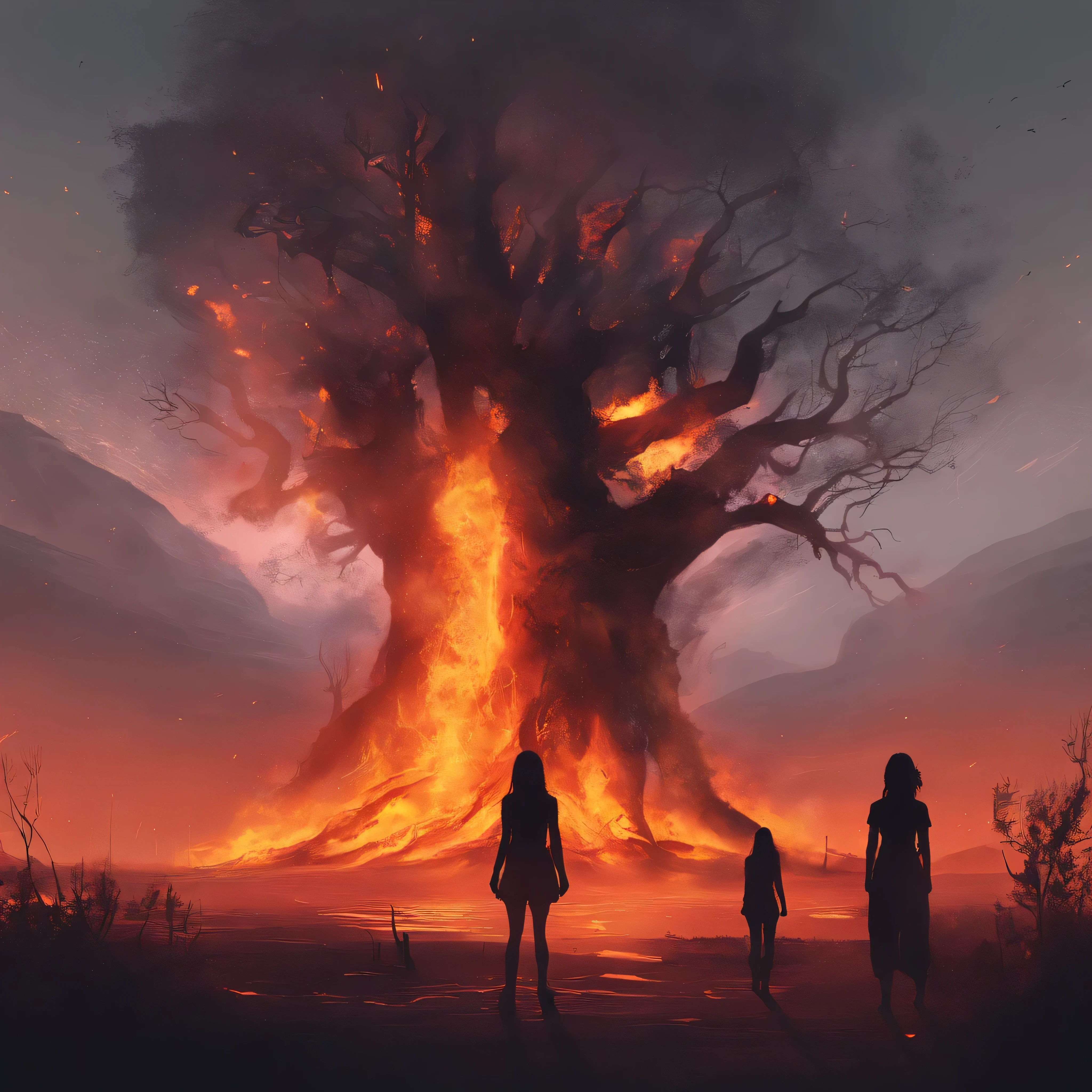 Scary tree on fire in the back ground with 3 girls facing it.