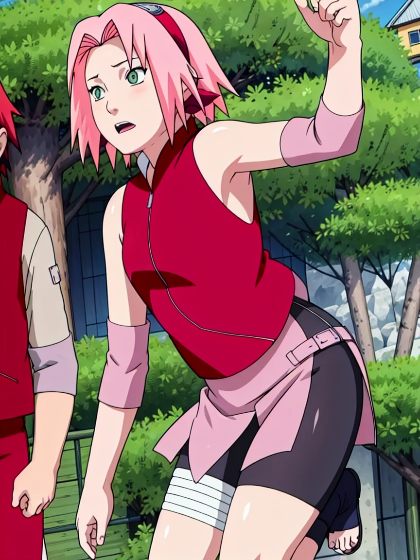 Sakura Haruno nude,wide hips,abdomen,sexy ,Show your armpits,jump,On the tree,IPST, naked,Torn shirt,blushing,sexually aroused, In the forest,open shirt,nipple,pink nipples,full body