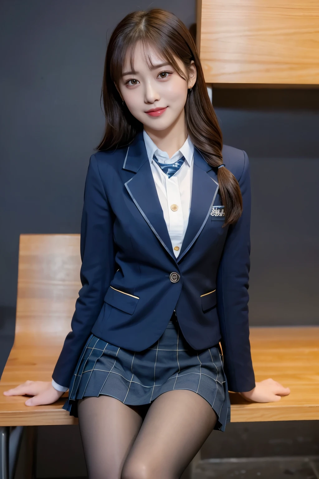 (8k), (highest quality: 1.2), (Realistic), (Realistic: 1.37), Ultra-high resolution, (1 girl), cute, blush,Embarrassed smile, Beautiful details, Beautiful Nose, straight Hair, Giant Dulcefo, pork, Thighs,Self Snap,University Uniforms,(A simple dark blue blazer:1.4),(Pleated skirt:1.2),(The skirt and tie are black tartan check pattern.:1.3),(Sitting:1), Sit on the bench,(Hold my feet:1),(Shiny 太い legs:1.2),from the front,knees