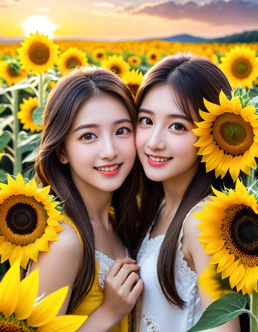from {above|below|side|behind}, (close up face:0.7), dynamic angle, ultra detailed beautiful photograph, On the night of the sunflower festival, the entire town glows in gold. Along the streets, sunflowers are lined up, Their beautiful petals make us forget the heat of summer and heal our hearts. In the center of the town, girls are dancing joyfully with sunflower decorations in their hands.