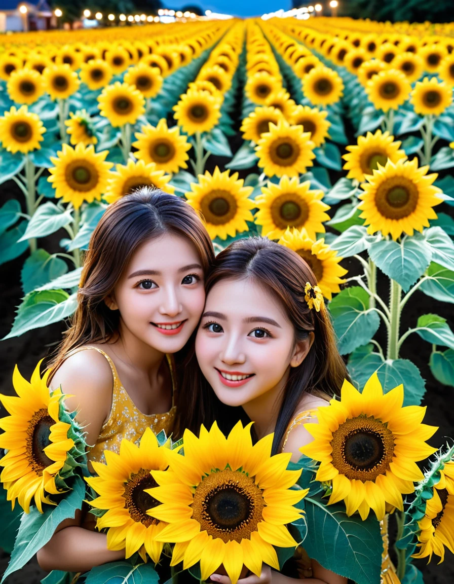 from {above|below|side|behind}, (close up face:0.7), dynamic angle, ultra detailed beautiful photograph, On the night of the sunflower festival, the entire town glows in gold. Along the streets, sunflowers are lined up, Their beautiful petals make us forget the heat of summer and heal our hearts. In the center of the town, girls are dancing joyfully with sunflower decorations in their hands. 