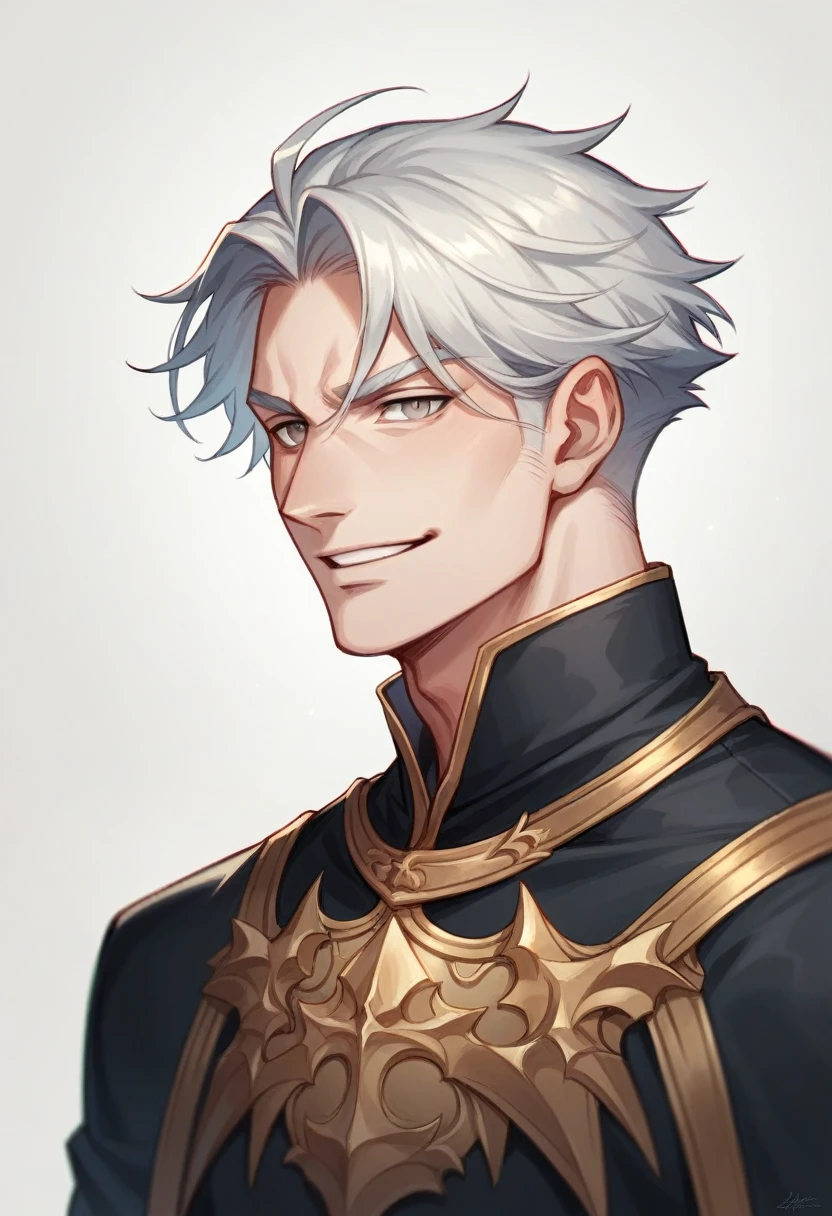 A realistic 20 year prince of darkness. He has grey eyes. Black and white hair. He is beautful but strong. Wearing all black prince outfit. Has a cunning mischievous smile.