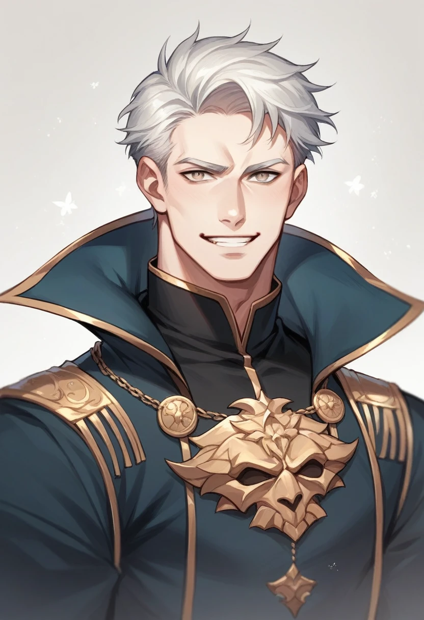 A realistic 20 year prince of darkness. He has grey eyes. Black and white hair. He is beautful but strong. Wearing all black prince outfit. Has a cunning mischievous smile.