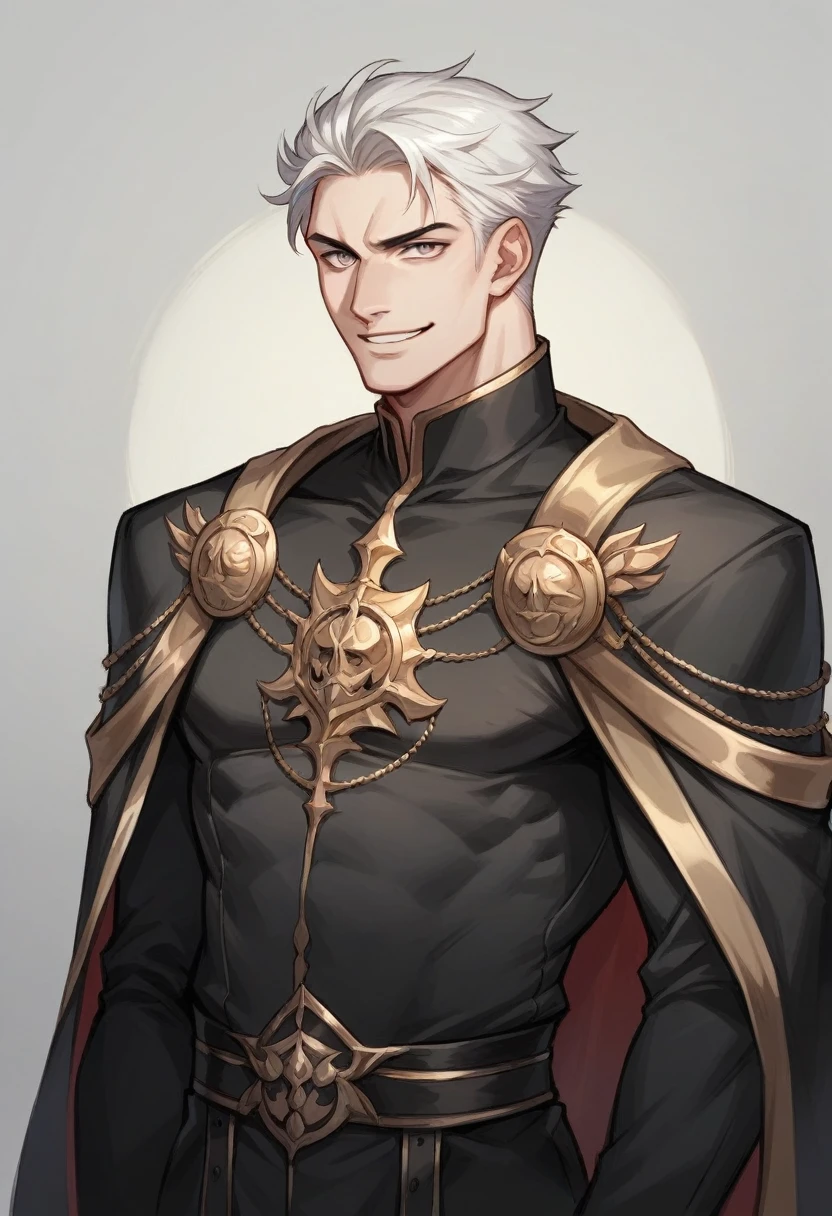 A realistic 20 year prince of darkness. He has grey eyes. Black and white hair. He is beautful but strong. Wearing all black prince outfit. Has a cunning mischievous smile.