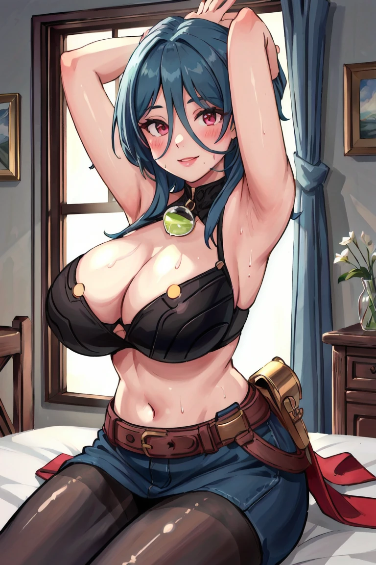 ((masterpiece)), ((best quality)), (ultra-detailed), absurdres, extremely detailed CG unity 8k wallpaper, Official Art, beautiful face, expressive eyes, solo, 1girl, mature female, milf, motherly, narrow waist, huge breasts, wide hips, sharp eyelashes, lips, aqua hair, red eyes, hair between eyes, medium hair, elbow gloves, belt, pantyhose), scenery, clinic, illustration, dramatic lighting, sitting, smile, ((masterpiece)), , absurdres, HDR, big breasts, cleavage, undressing, blush, armpits, sweaty armpits, navel,
