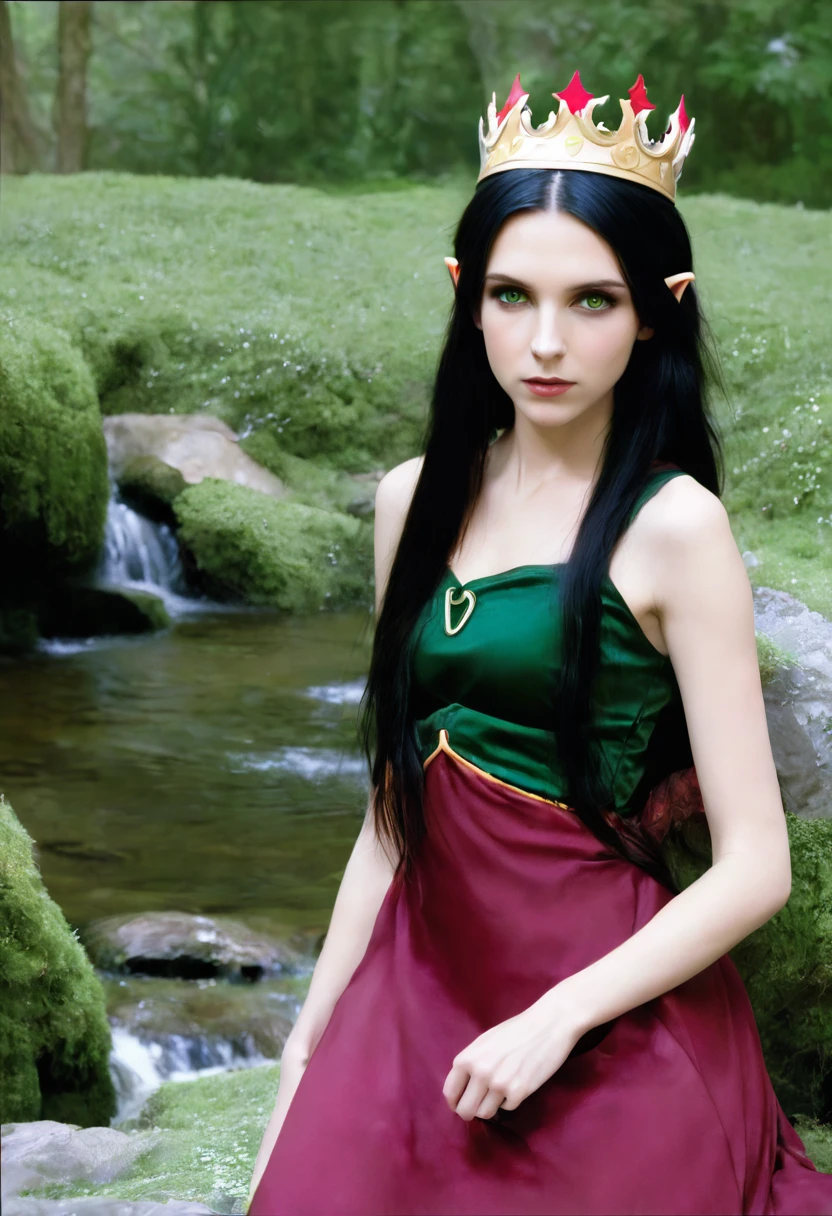 Elf, approximately 20 years old. Moss green eyes. long straight black hair. Red dress and crown
