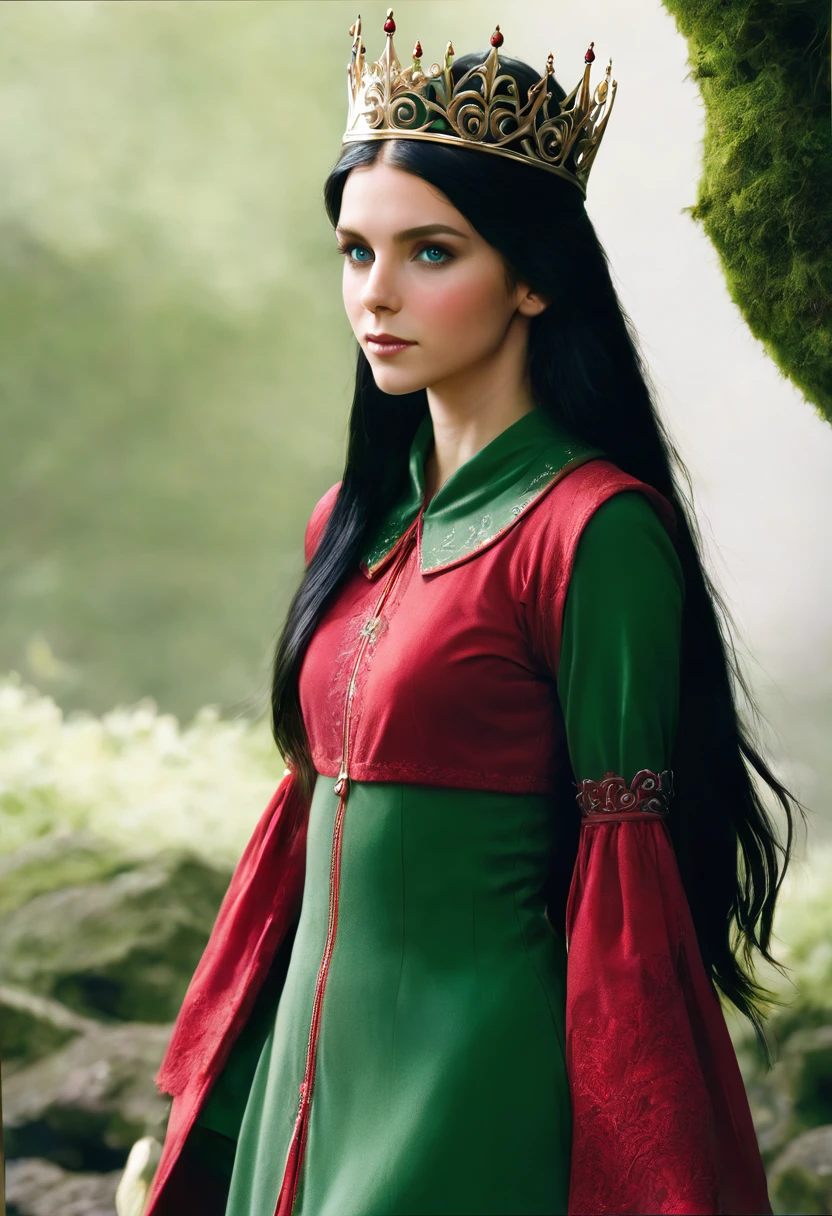 Elf, approximately 20 years old. Moss green eyes. long straight black hair. Red dress and crown