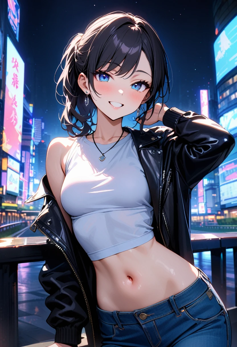 (masterpiece, best quality:1.3), (A young woman, 19-years-old, solo, Caucasian, black hair tied back in a ponytail, swept bangs, cheerful smile, mouth open, blue eyes, perfecteyes:1.1), (black leather jacket, white cropped t-shirt, navel, thin silver necklace, small silver earrings, light blue denim pants, Tokyo city, upper body, night:1.2)