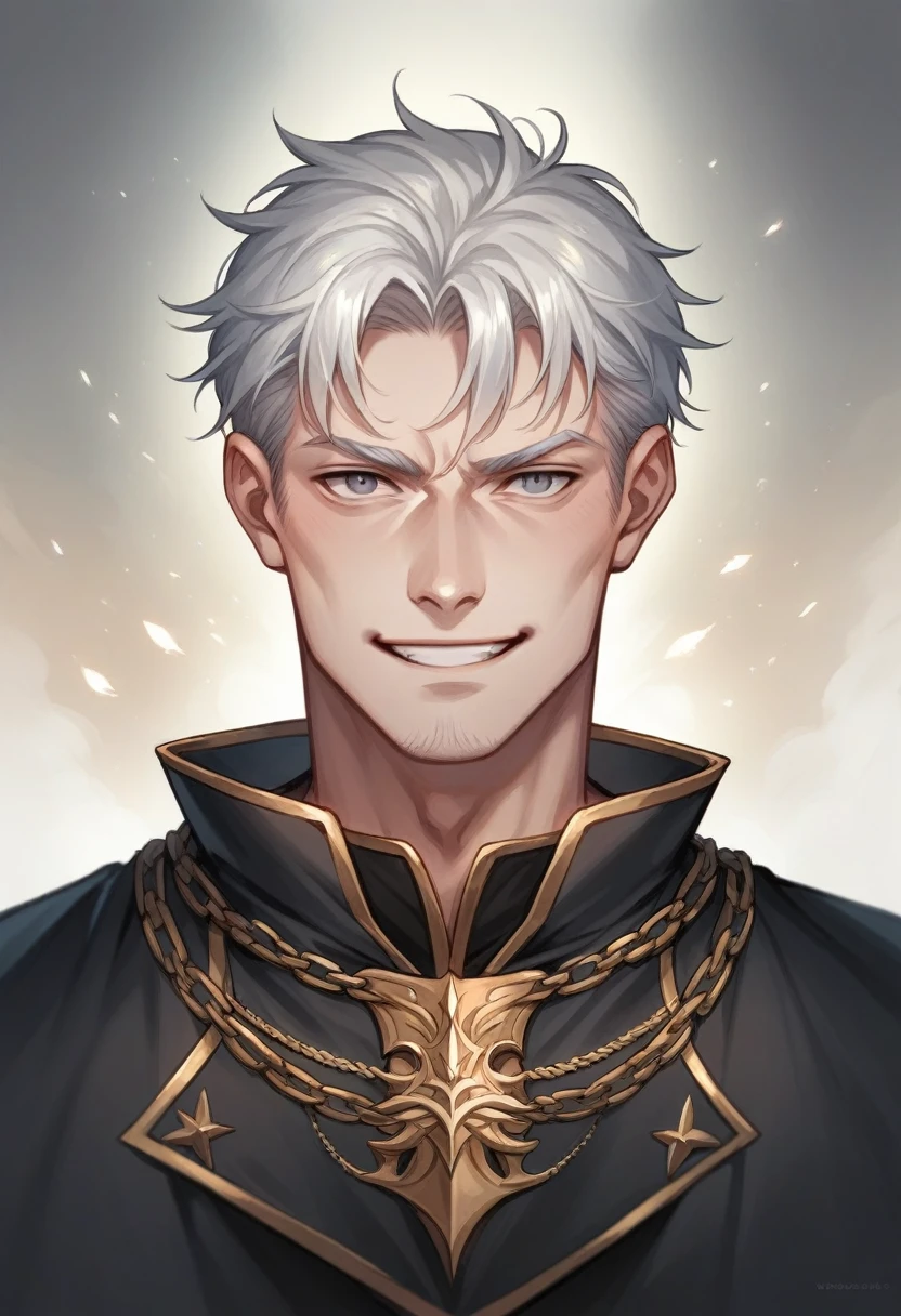 A realistic 20 year prince of darkness. He has grey eyes. Black and white hair. He is beautful but strong. Wearing all black prince outfit. Has a cunning mischievous smile.
