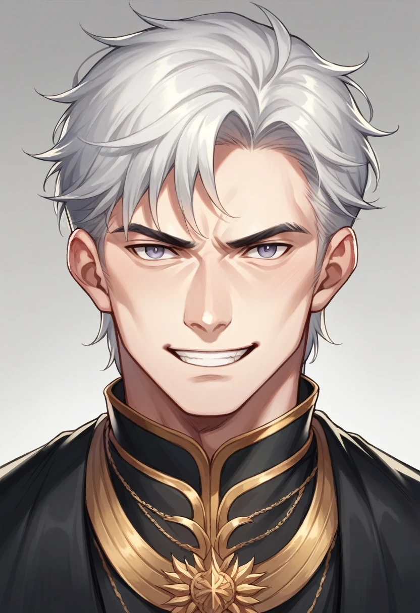 A realistic 20 year prince of darkness. He has grey eyes. Black and white hair. He is beautful but strong. Wearing all black prince outfit. Has a cunning mischievous smile.