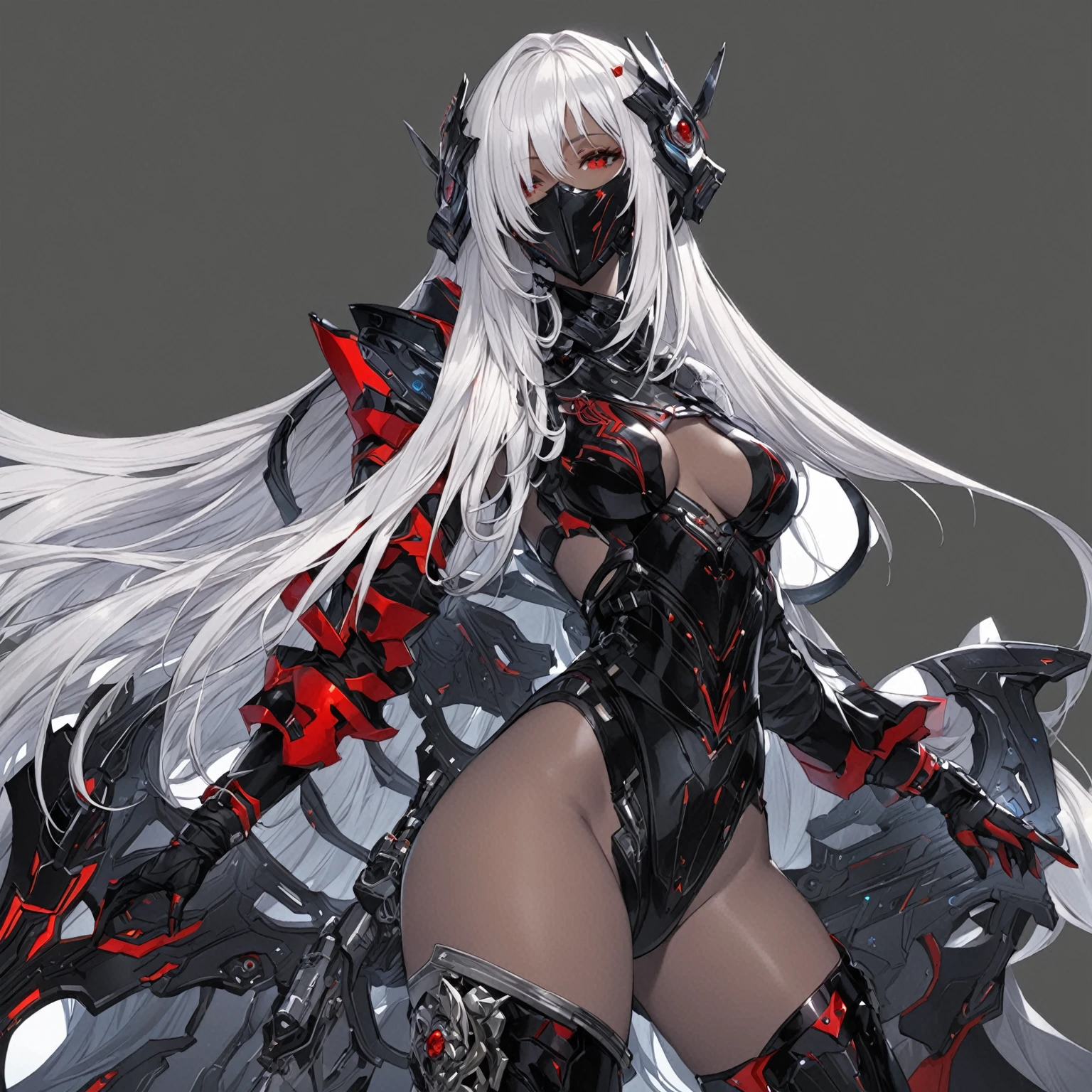 masterpiece, best quality, good quality, Modern Sci-Fi Fantasy aesthetics, Highly detailed, shadowverse style, female, masked, dark skin, red eye, silver hair