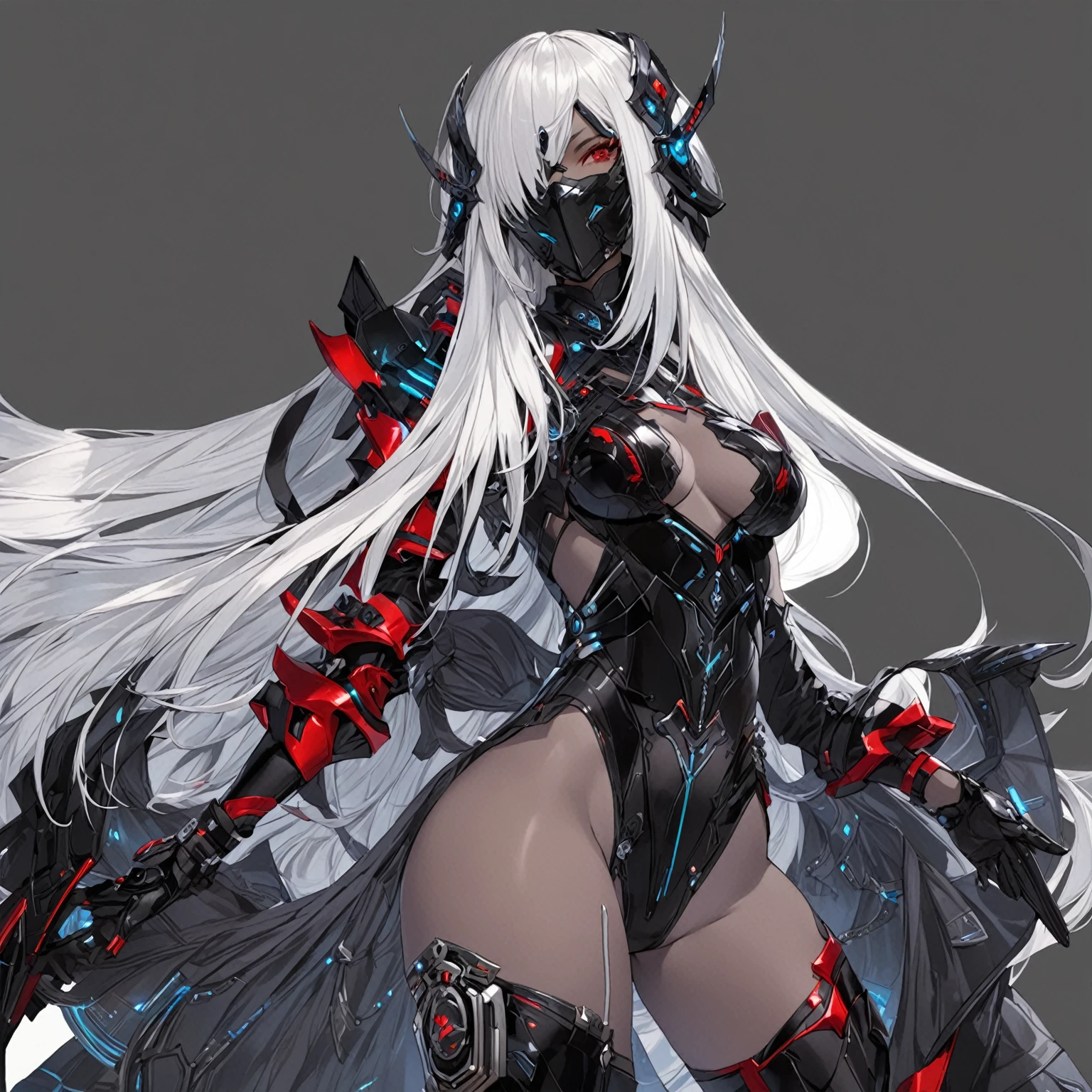 masterpiece, best quality, good quality, Modern Sci-Fi Fantasy aesthetics, Highly detailed, shadowverse style, female, masked, dark skin, red eye, silver hair