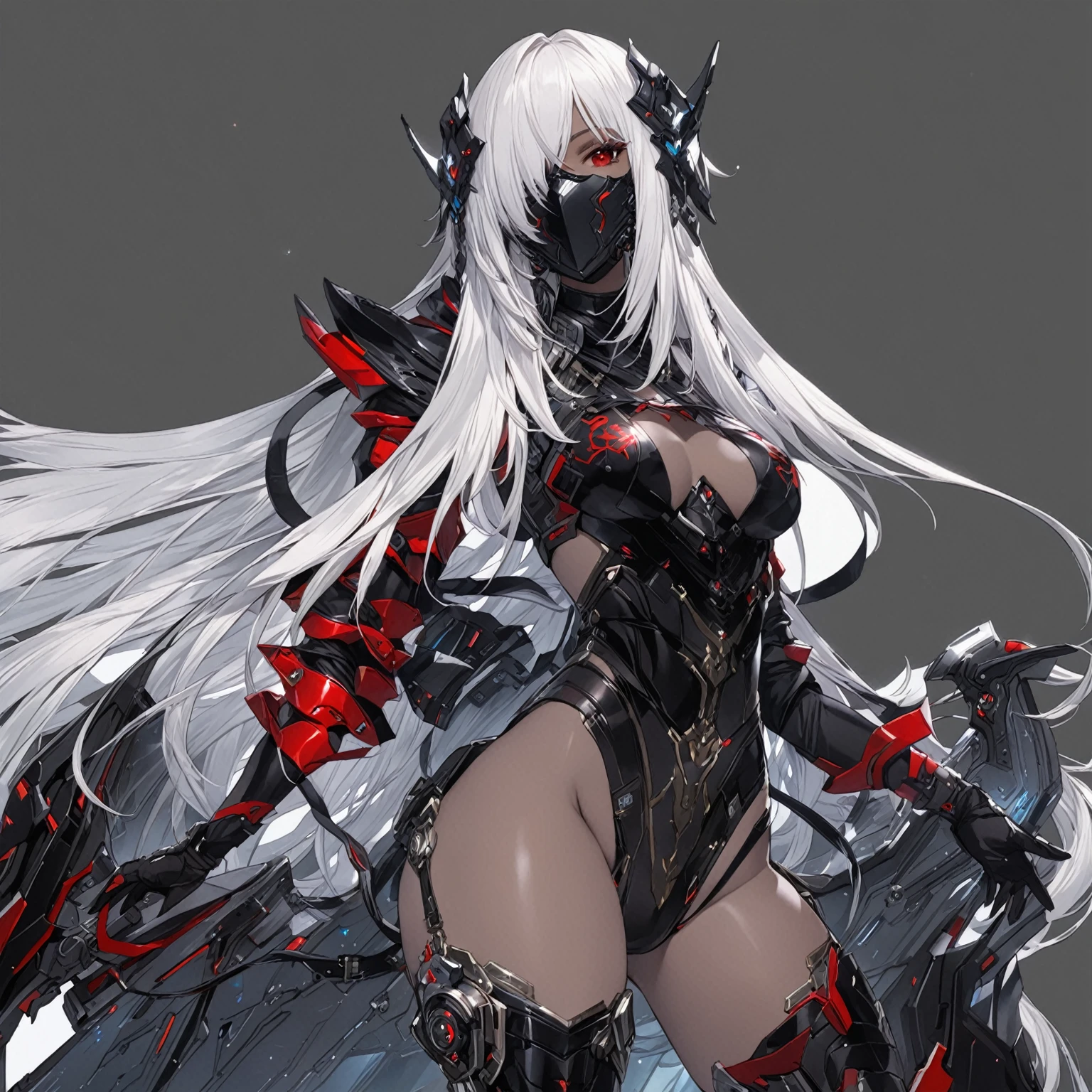 masterpiece, best quality, good quality, Modern Sci-Fi Fantasy aesthetics, Highly detailed, shadowverse style, female, masked, dark skin, red eye, silver hair