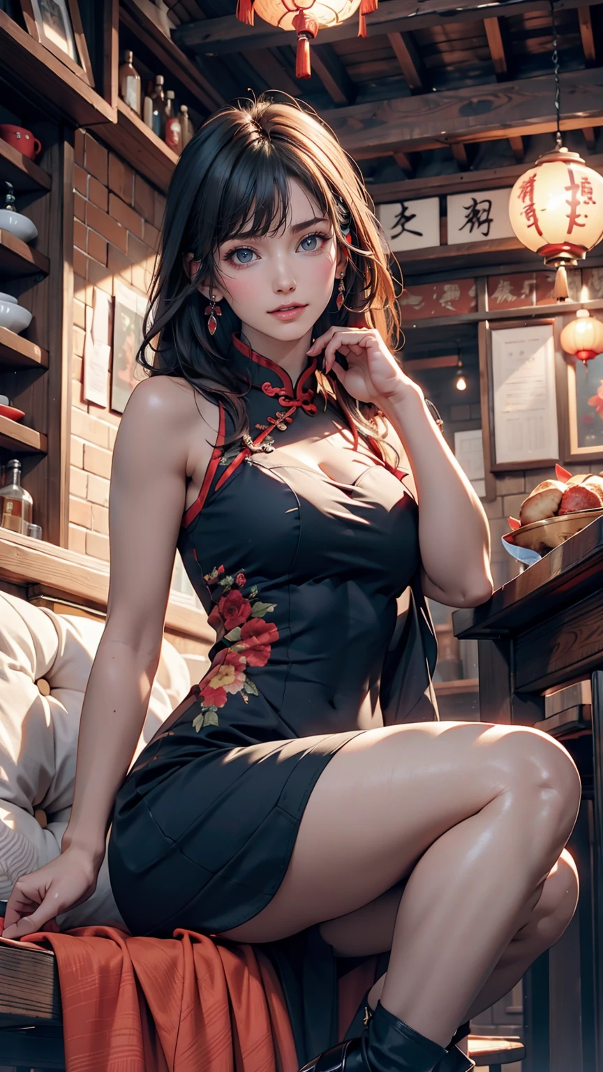 24-year-old woman、Long eyelashes、Indigo Hair、Asymmetrical wave、Vivid Chinese style decorated cheongsam、Exposed thighs、Red Pin Heels、Chinese restaurant interior