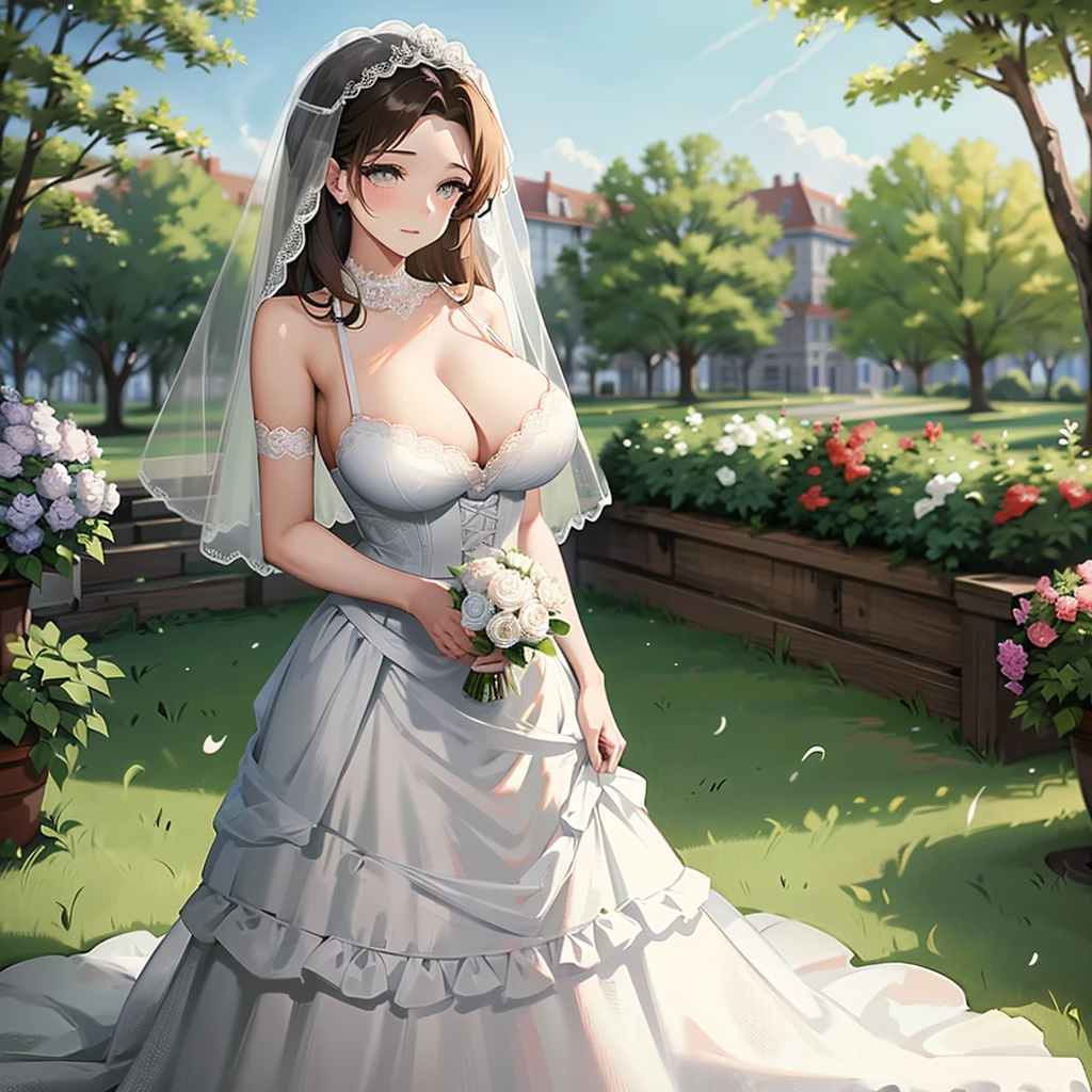 Huge breasts in a micro bra in a wedding dress with a lace neckline in the park with a veil and bouquet