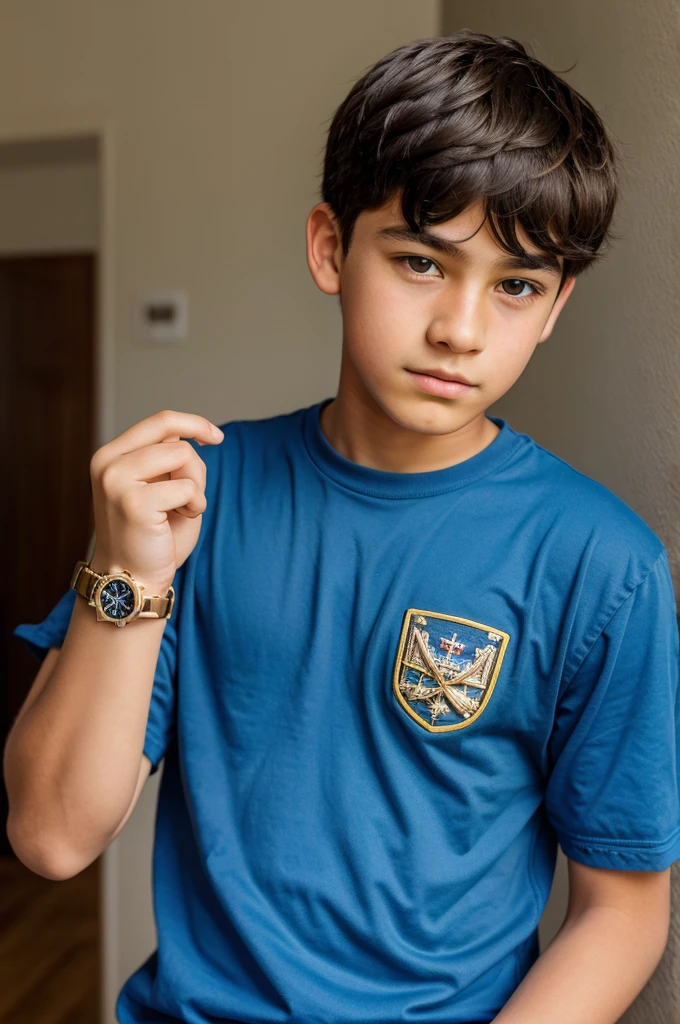 14 year old boy wearing royalx watch in hand 
