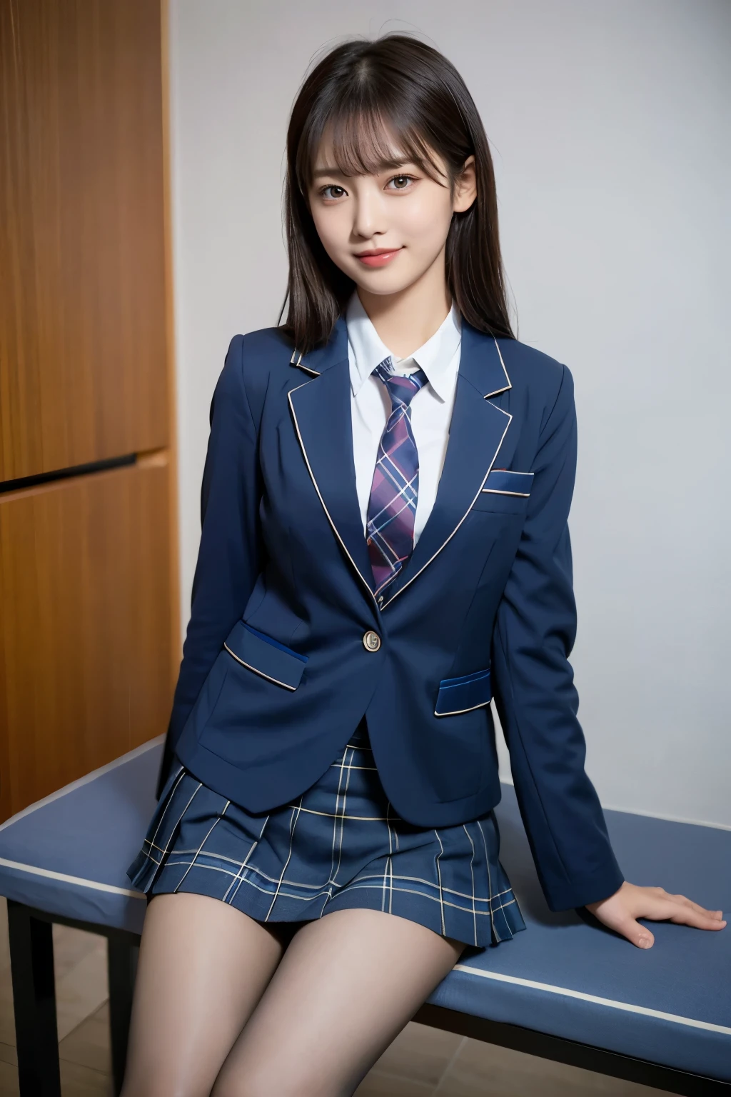 (8k), (highest quality: 1.2), (Realistic), (Realistic: 1.37), Ultra-high resolution, (1 girl), cute, blush,Embarrassed smile, Beautiful details, Beautiful Nose, silky straight Hair, Giant Dulcefo, pork, Thighs，Self Snap,University Uniforms,(A simple dark blue blazer:1.4),(Pleated skirt:1.2),(The skirt and tie are black tartan check pattern.:1.3),(Sitting:1), Sit on the bench,(Hold my feet:1),(Shiny 太い legs:1.2),from the front,knees