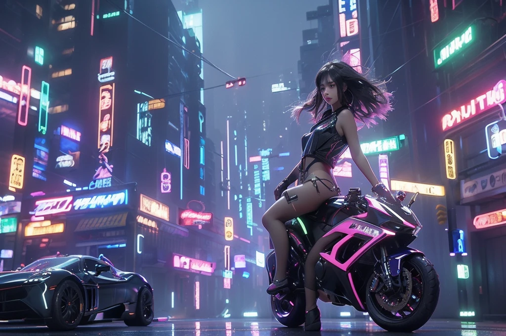 Background:
• Setting: A cyberpunk near-future city with towering skyscrapers and neon lights illuminating the night.
• Color Scheme: Use vibrant neon colors (pink, blue, purple, green) throughout the background, incorporating reflections and glitch effects characteristic of a cyberpunk aesthetic.
• Details: Between the buildings, holographic advertisements float, and drones fly through the sky. The city’s inhabitants are depicted in cyberpunk fashion, emphasizing the futuristic atmosphere.
Effects:
• Light Effects: Neon light particles scatter around the character, with reflections and refractions enhancing her colorful attire.
• Movement Effects: Show her hair and parts of her outfit blowing in the wind to convey dynamic movement. Add light trails that follow the movement of her hair.
• Glitch Effects: Insert digital noise and glitch effects in parts of the background and around her to emphasize the futuristic cyberpunk world.black hair, colored inner hair, hair behind ear, mullet, pointy hair, empty eyes, mismatched pupils, multicolored eyes, dilated pupils, eyeball, wide eyes, slit pupils, longeyelashes, hoop earrings, crazy, licking lips, seductive smile, long tongue, determined, evil, crazy smile, oral invitation, Conceptual art, anime, anime style, chiaroscuro, glowing light, cowboy shot, lens flare, 8k, super detail, UHD, masterpiece, accurate, accurate, textured skin, textured skin, high details, high quality, award winning, best quality, highres, 16k