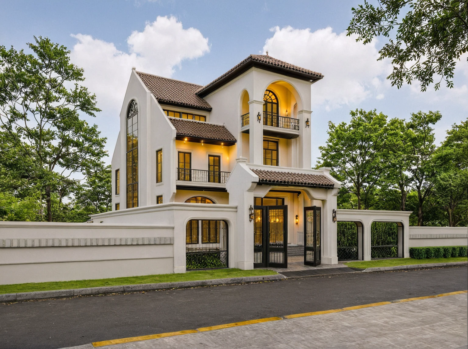 Raw photo,Masterpiece, high quality, best quality, authentic, super detail,
exterior, outdoors, house style indochine on the street ,aiaigroup
road,pavement, grass, trees, sky, cloud, (day:1.1)