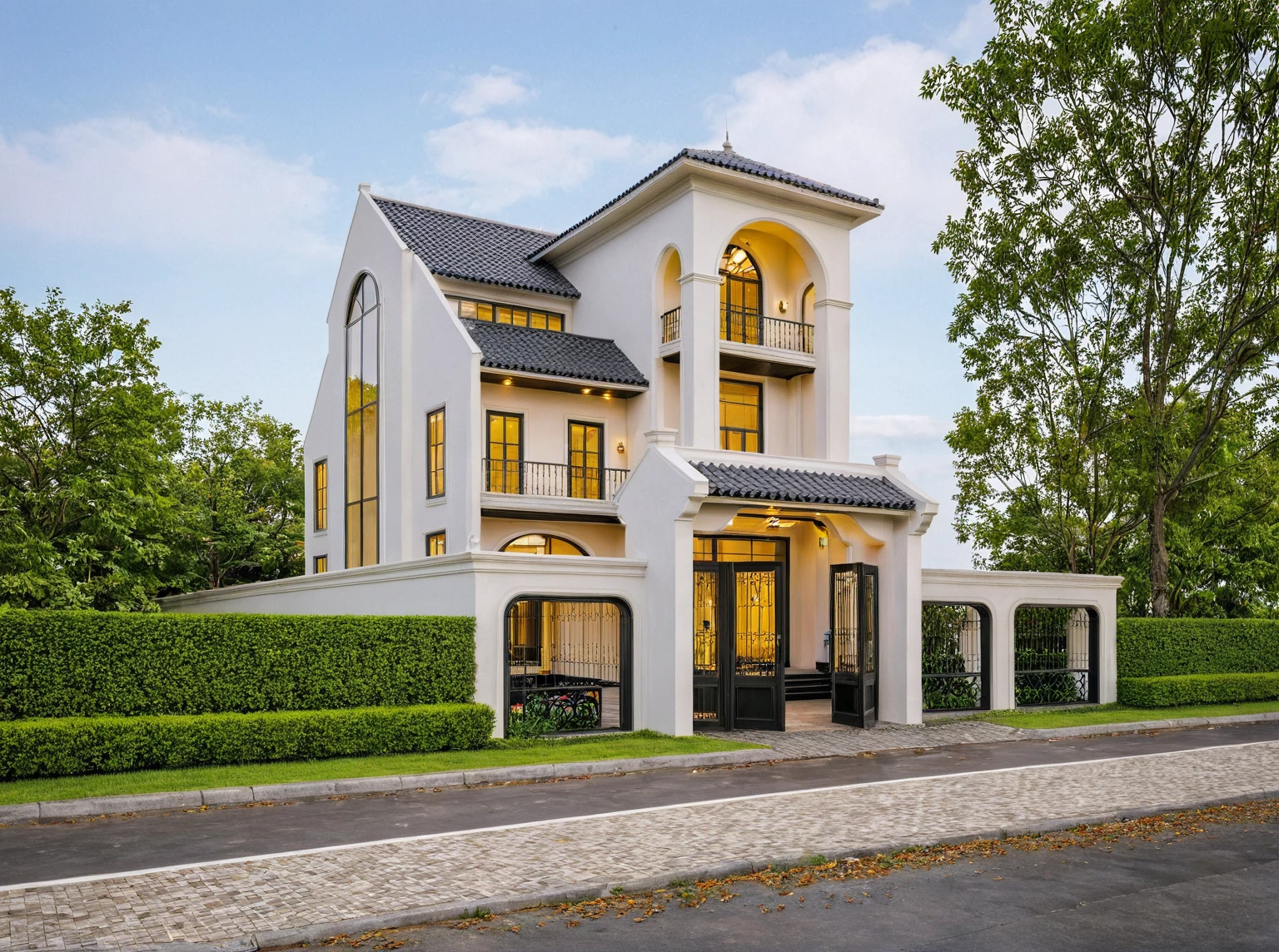 Raw photo,Masterpiece, high quality, best quality, authentic, super detail,
exterior, outdoors, house style indochine on the street ,aiaigroup
road,pavement, grass, trees, sky, cloud, (day:1.1)