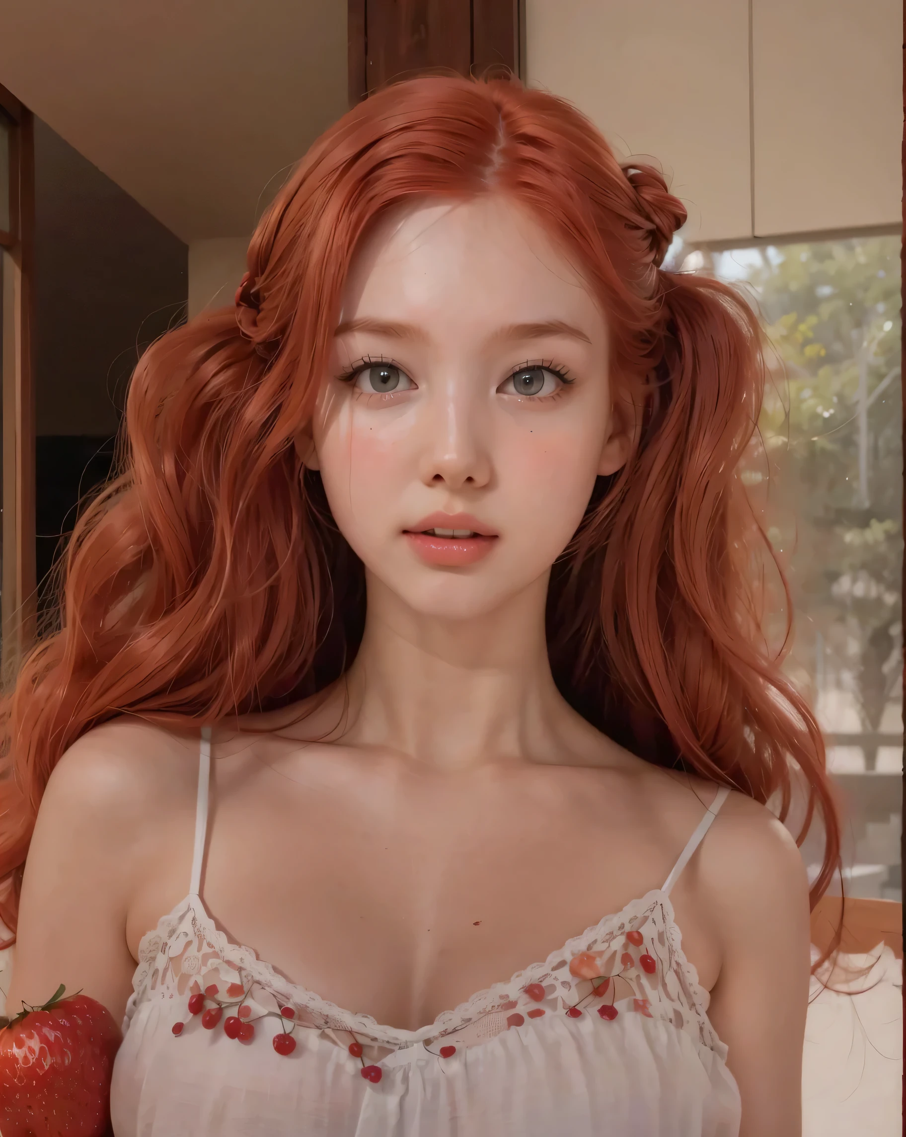 Best Quality, master part, ultra high resolution, (photorealistic:1.4), raw photo, 1 girl, Inside the cafeteria, looking at the viewer, long red hair, white dress with stamps of strawberries on it, pale skin, Half body, neckline, red hair 