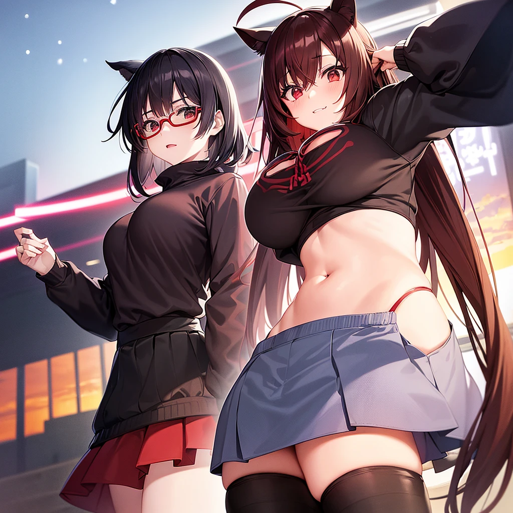 1 girl, mischievous expression, red glasses, horse ears, wearing a light blue winter jacket, black turtle inner top, big breasts, red eyes, brown hair, short hair, white mesh bangs, black wide pleated skirt, black knee socks, black shorts boots, dusk, sunset sky, sunset