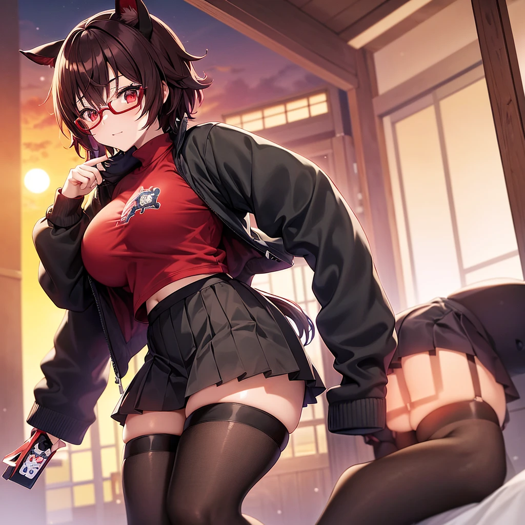 Otaku girl, mischievous expression, red glasses, horse ears, wearing a light blue winter jacket, black turtle inner top, big breasts, red eyes, brown hair, short hair, white mesh bangs, black wide pleated skirt, black knee socks, black short boots, dusk, sunset sky, sunset