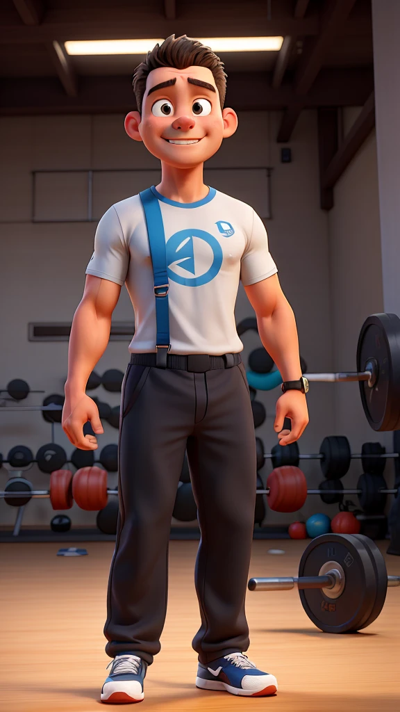 an athletic man standing in the gym taking a selfie with several weights around him and one looking 