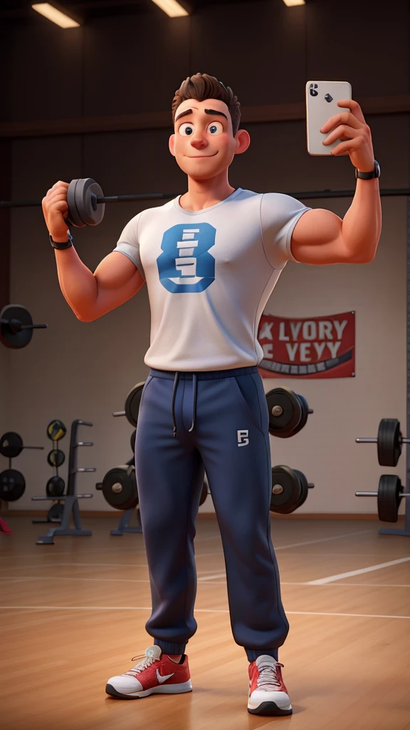 an athletic man standing in the gym taking a selfie with several weights around him and one looking 