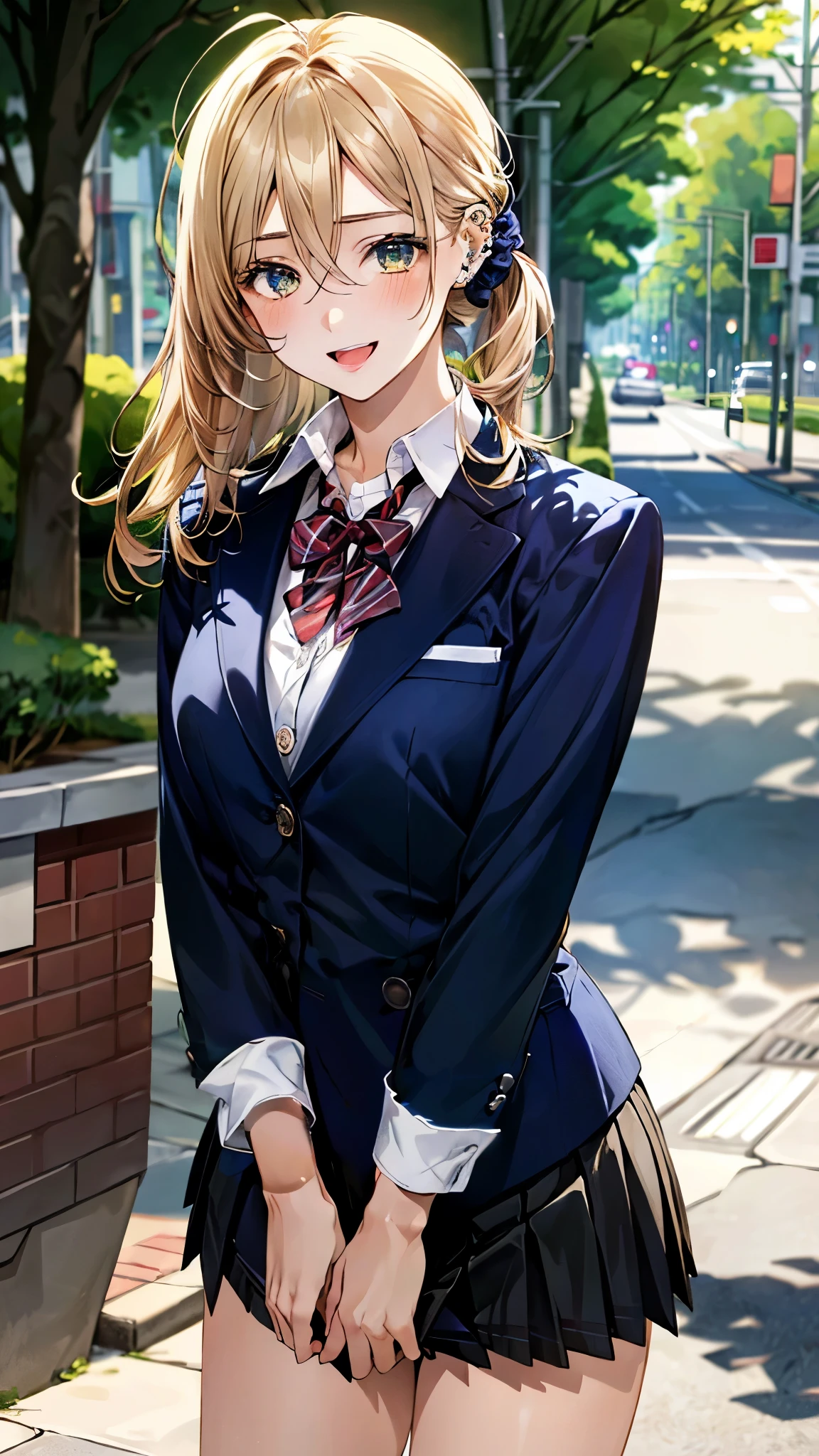(masterpiece:1.3, top-quality, ultra high res, ultra detailed), (realistic, photorealistic:1.4), beautiful illustration, perfect lighting, colorful, depth of fields,
beautiful detailed hair, beautiful detailed face, beautiful detailed eyes, beautiful clavicle, beautiful body, beautiful chest, beautiful thigh, beautiful legs, beautiful fingers,
looking at viewer, 1 girl, japanese, high school girl, perfect face, (perfect anatomy, anatomically correct), cute and symmetrical face, babyface, , shiny skin,
(middle hair:1.5, topknot, loose hair, blonde hair), hair between eyes, dark green eyes, drooping eyes, big eyes, long eye lasher, (medium breasts), slender,
((navy blazer, collared white shirt, navt pleated skirt)), dark red bow tie, piercing, hair scrunchie,
(beautiful scenery), evening, (tree-lined street), walking, (lovely smile, upper eyes, open mouth),