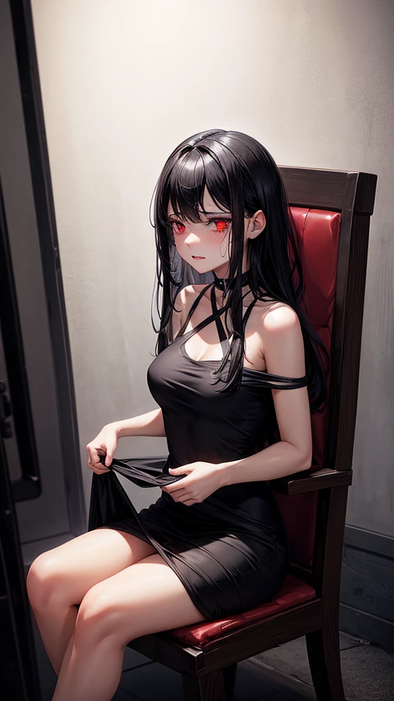 An beautiful girl with black hair and red eyes. She wears a tight black dress. Shes tied down to a chair inside a dark basement with dramatic lighting. Her eyes are full of tears. Her mouth is covered with a cloth.