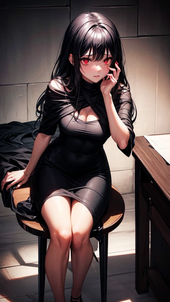 An beautiful girl with black hair and red eyes. She wears a tight black dress. Shes tied down to a chair inside a dark basement with dramatic lighting. Her eyes are full of tears. Her mouth is covered with a cloth.