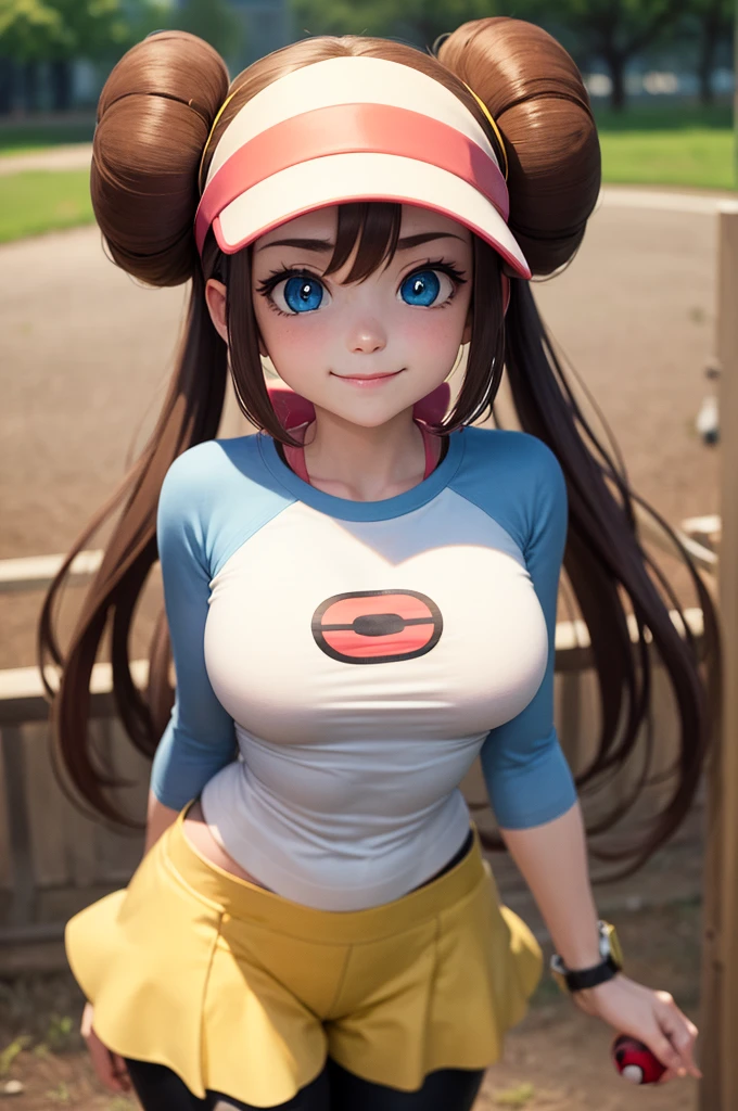 masterpiece, best quality, highres, ro1, hair bun, blue eyes, twintails, visor cap, pantyhose, raglan sleeves, yellow shorts, shirt, pink bow, wristwatch, standing, cowboy shot, field, poke ball \(basic\), smile, huge nude big breats 