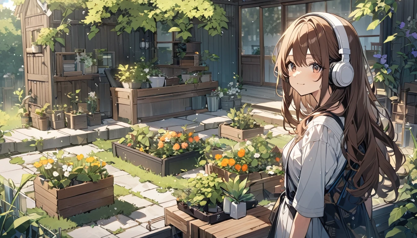 Girl wearing headphones,Brown Hair,1 person,bright,Detailed Background,「Garden after the rain」 - Garden after the rainで感じる新鮮な空気,A house garden with planters