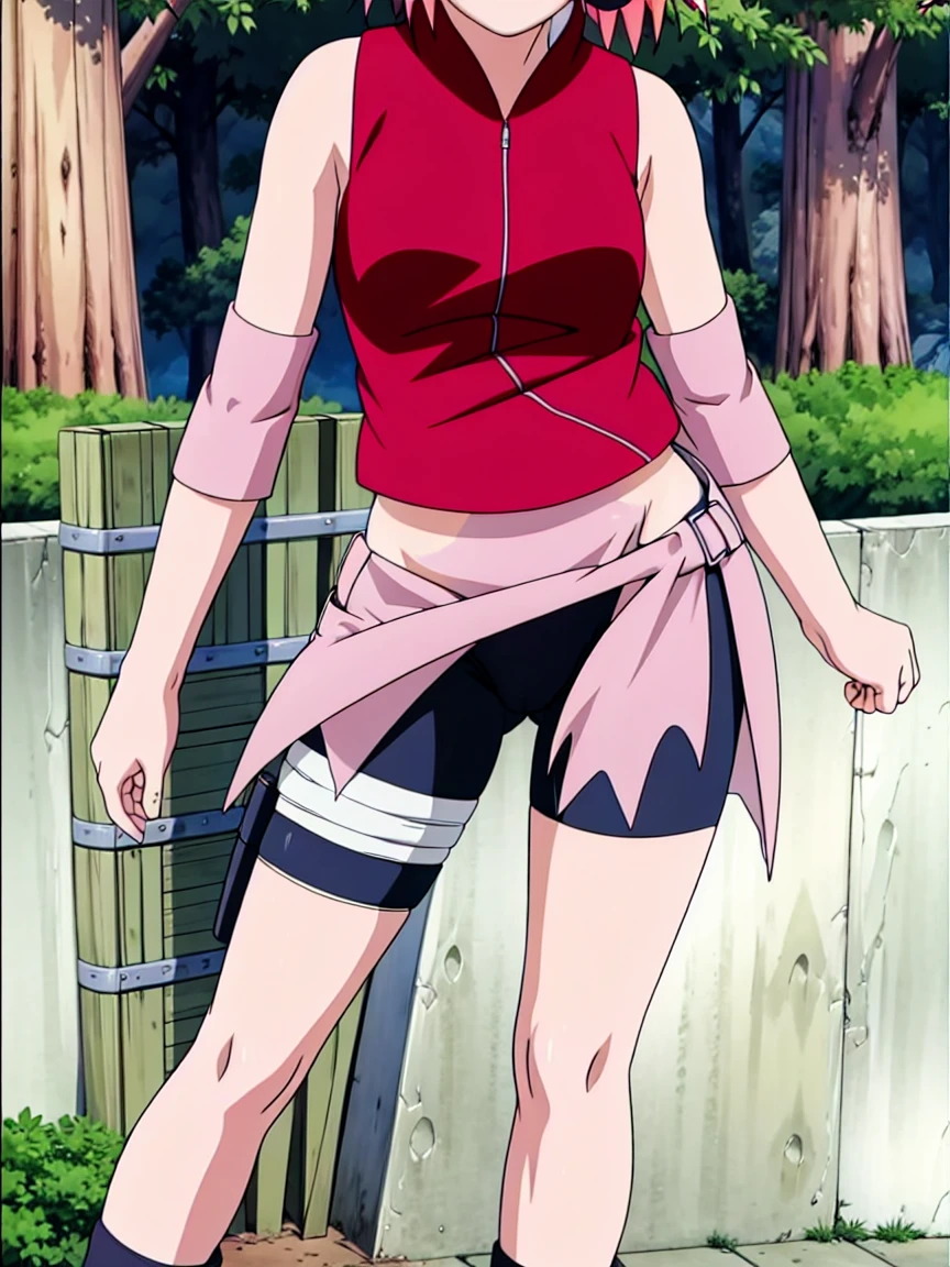 Sakura Haruno nude,wide hips,abdomen,sexy ,Show your armpits,jump,On the tree,IPST, naked,Torn shirt,blushing,sexually aroused, In the forest,open shirt,pee,pink nipples,full body