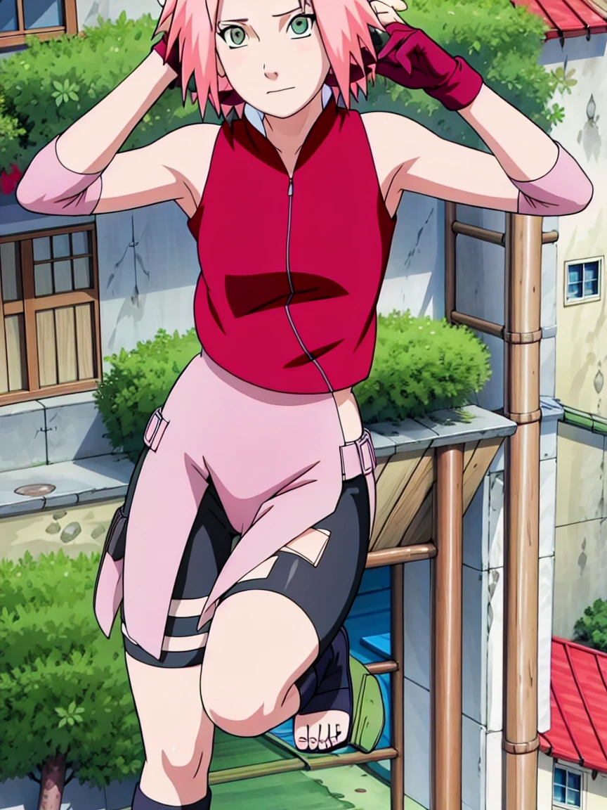 Sakura Haruno nude,wide hips,abdomen,sexy ,Show your armpits,jump,On the tree,IPST, naked,Torn shirt,blushing,sexually aroused, In the forest,open shirt,pee,pink nipples,full body