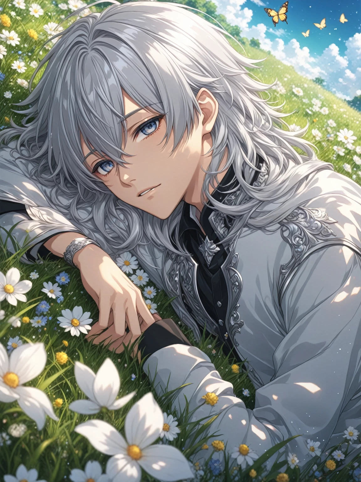 Anime boy lying on the grass with flowers and butterflies,Silver Hairのエルフ、 Beautiful Anime artwork, Detailed anime artwork, Gray-haired神, clean Detailed anime art, Beautiful Anime portrait, Detailed anime art, Detailed digital anime art, Detailed Key Anime Art, Gray-haired, Beautiful Anime art, Beautiful fantasy anime, Anime Aesthetics, Silver Hair, Silver Hairの男, Beautiful Anime, Nightcore