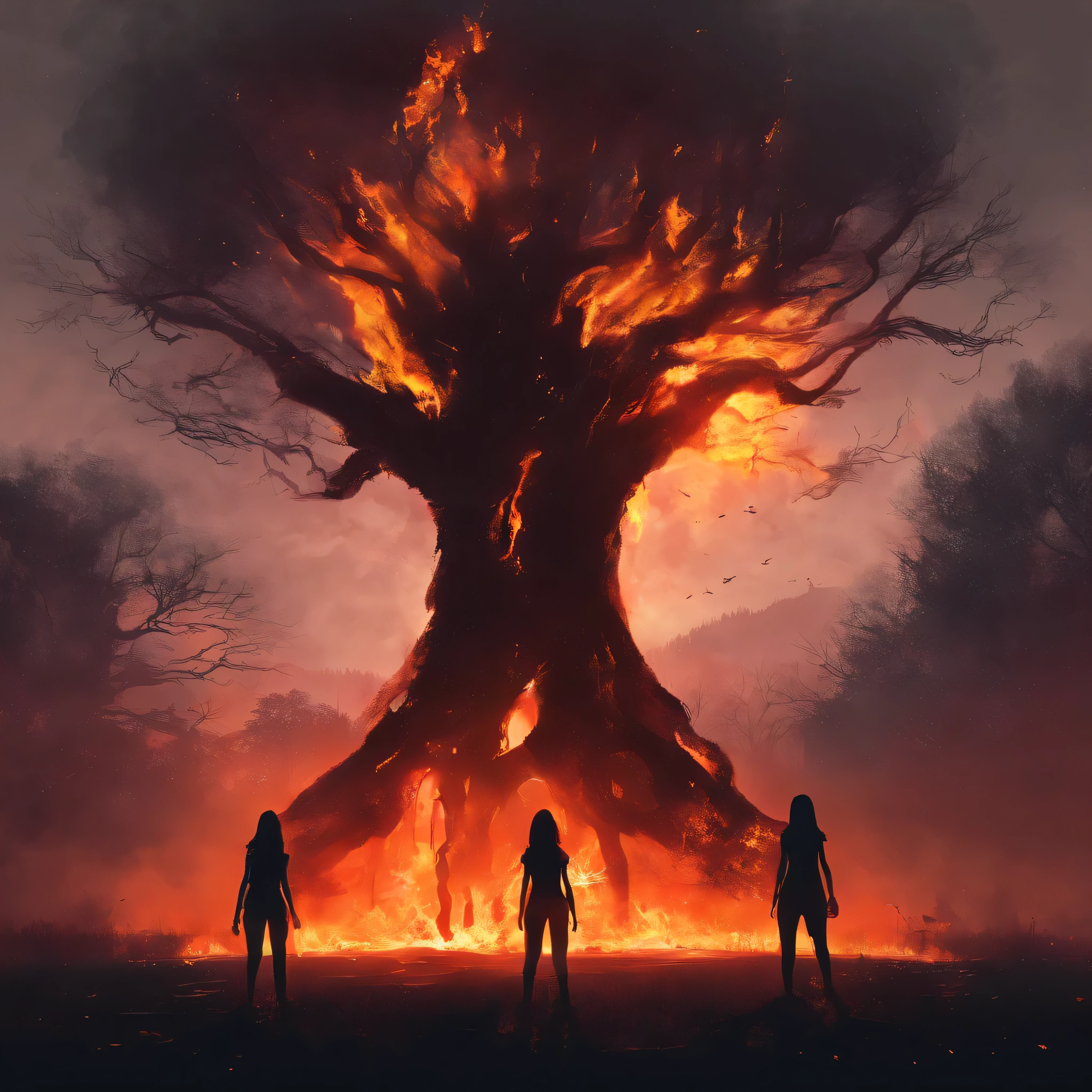 Scary tree on fire in the back ground with 3 girls facing it. Horror theme
