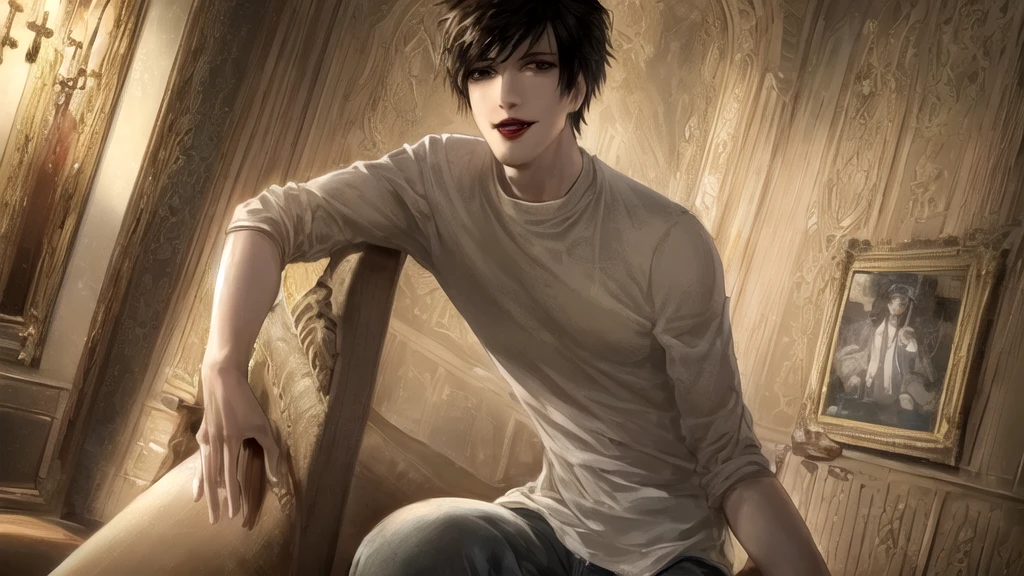 1 boy, man, perfect anatomy, mesmerizing black eyes, 8k resolution, (one person), (realism: 1.2), (masterpiece: 1.2), (cowboy frame: 1.2), dark romantic lighting, (high detail: 1.2), (detailed face: 1.2), (gradients), bright detailed eyes, (natural light: 1.2), solo, indoors, perfect lighting, (black lips), vampire fangs, perfect facial features, perfect angle, perfectly drawn eyes, man, smile, skinny, sitting