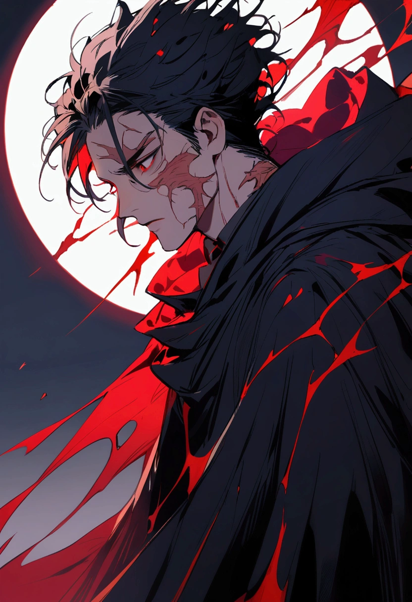 A man with black hair, Eyes red, full of scars on the face, wearing a black cloak with red details