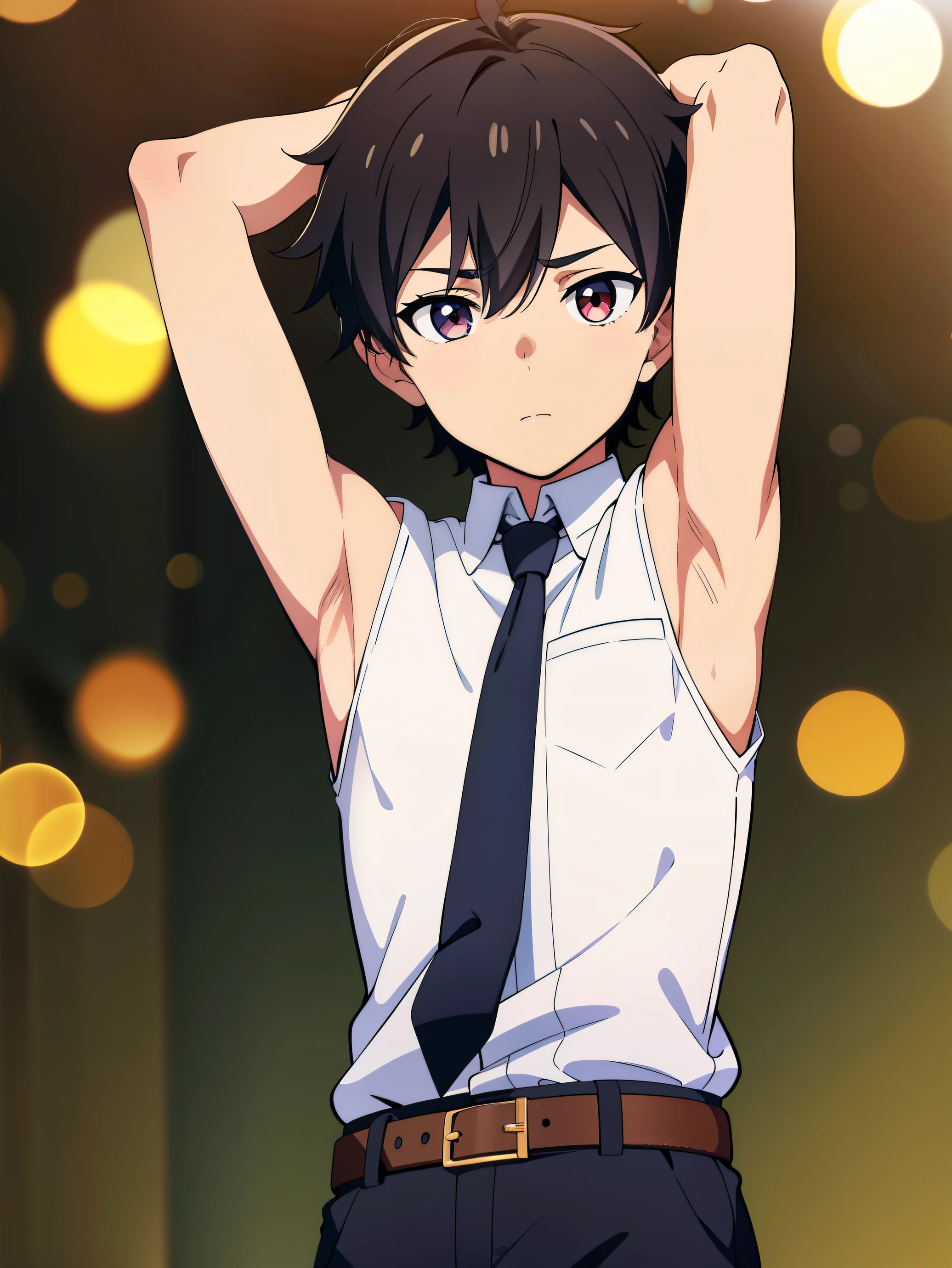 Highres, Masterpiece, Best quality at best,Best Quality,hight quality, hight detailed, Anime style, 1boy, Shota, young boy, Solo person, Black hair, Sleeveless uniform, Tie, belt, school, Seen from the front, look at viewer, upper body, (very young boy), (very small and short body), ***************s, (Showing armpit:1.3), hansome boy, Uhd, Bokeh