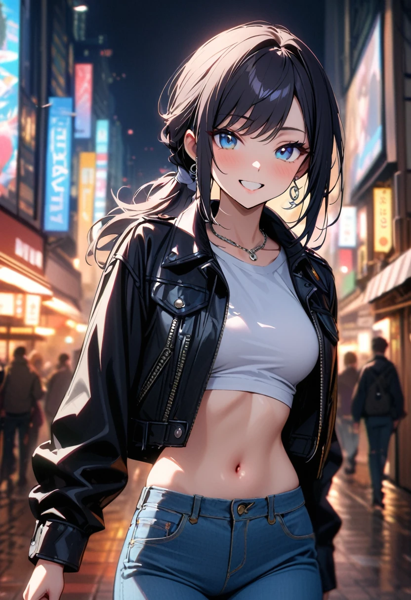 (masterpiece, best quality:1.3), (A young woman, 19-years-old, solo, Caucasian, black hair tied back in a ponytail, swept bangs, cheerful smile, mouth open, blue eyes, perfecteyes:1.1), (black leather jacket, white cropped t-shirt, navel, thin silver necklace, small silver earrings, light blue denim pants, Tokyo city, upper body, night:1.2)