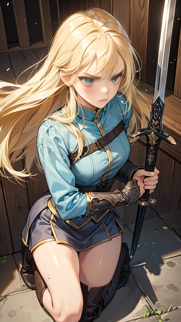 {{masterpiece}}, {{{best quality}}},{{ultra-detailed}}, {{illustration}},{{tall stature}},{{adult women}},((A sweaty and grumpy female swordsman)),Small breasts,Slender,{{armor}},((mini skirt)),Over-the-knee leather boots,　Get down on one knee　V-shaped eyebrows　Sweat Gauntlet　A strong expression　blunt bangs　Blonde long hair　1 female,alone,　inside a prison cell