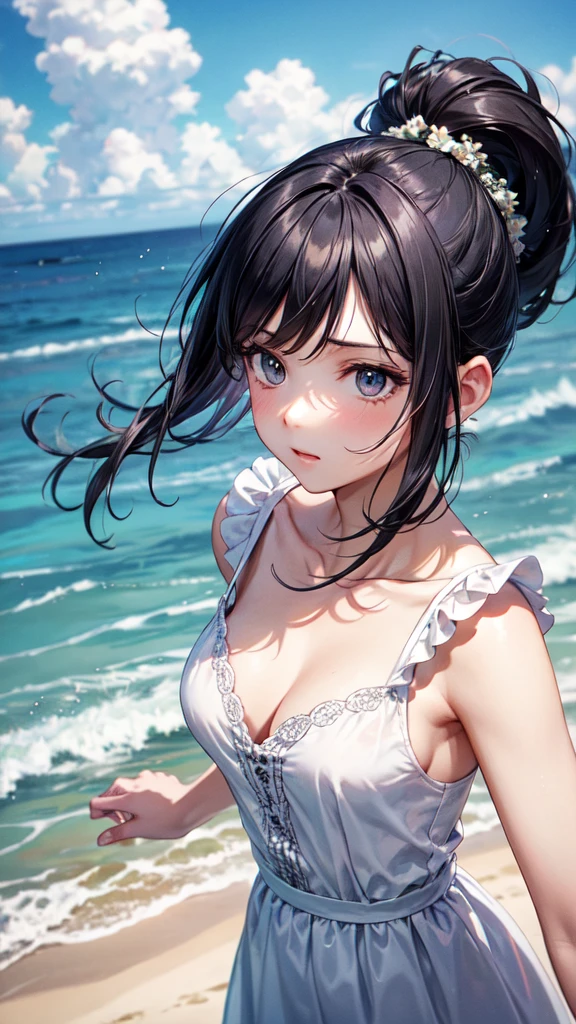 Very cute beautiful girl,A white sundress with delicate ruffles,(Very fine beautiful face), (lol),Black Hair, cloth,Beach,Panini,(From above), (Highest quality,masterpiece:1.2),Absurd,High resolution,Very detailed,Very detailed,32K,8k resolution, Intricate details,Movie Scenes,Detailed Background,Lonely,Dynamic Angle, Natural light,Hair blowing in the wind,Beautiful and detailed sky, (practical),ponytail