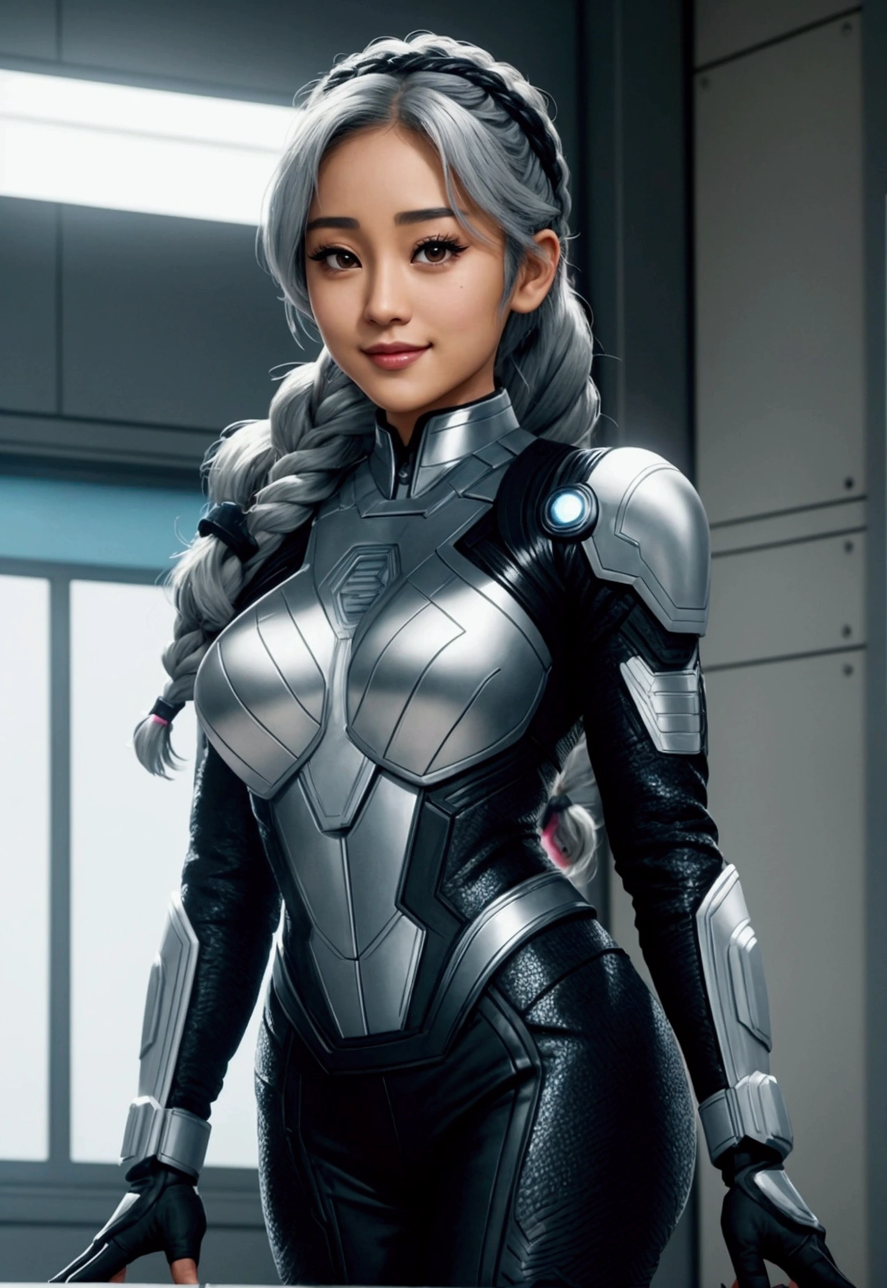 A beautiful youthful looking Asian version of Ariana Grande as a 50 years old woman with braided completely gray hair as the superhero Daisy Johnson from Agents of
S.H.I.E.L.D wearing a high in a high school classroom she is smiling for the camera