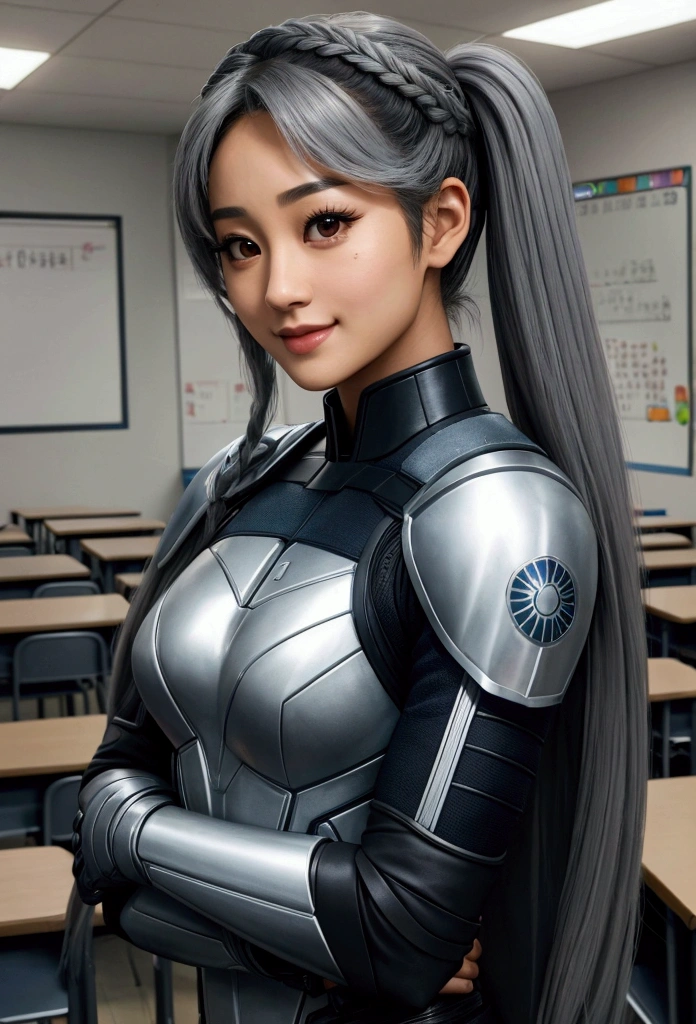 A beautiful youthful looking Asian version of Ariana Grande as a 50 years old woman with braided completely gray hair as the superhero Daisy Johnson from Agents of
S.H.I.E.L.D wearing a high  in a high school classroom she is smiling for the camera